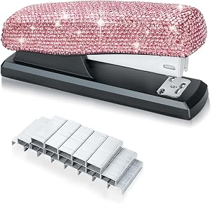 1pcs Bling Crystal Stapler with 1000 Staples Handmade Diamond Stapler Clay Rhinestones Machine Cute Staplers Pretty Office Stationery Kit (Pure Pink)