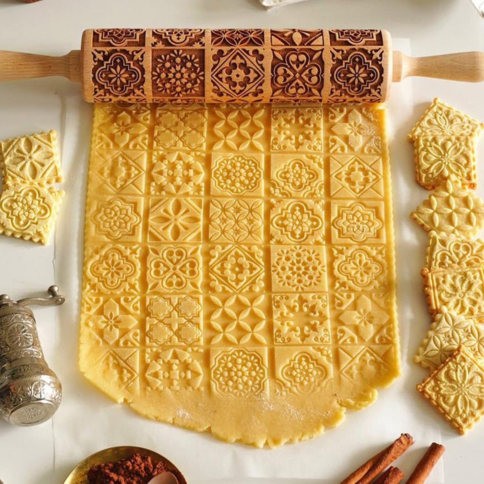 Rodillo de amasar en Relieve navideño - Nuevo Rodillo de Madera 3D con Motivos navideños de Flores - DIY Accesorios de Hornear para Hornear Galletas de Masa Fondant (Flor, 43 x 5 cm)