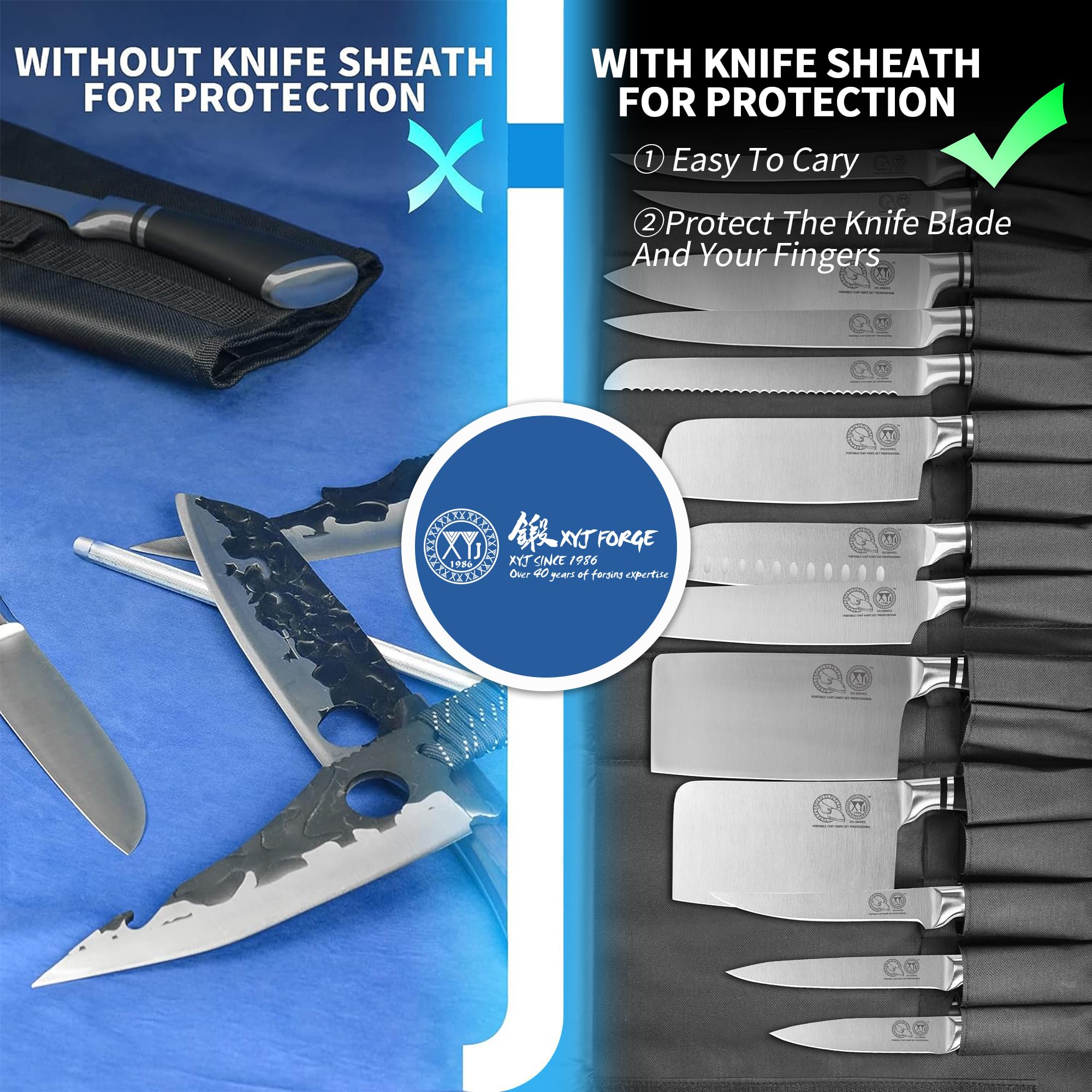 XYJ Authentic Since 1986, Set di coltelli professionali per i maestri chef, con sacchetto, fodero, coltelli da carne da cucina culinari, Santoku, Utility, acciaio inossidabile