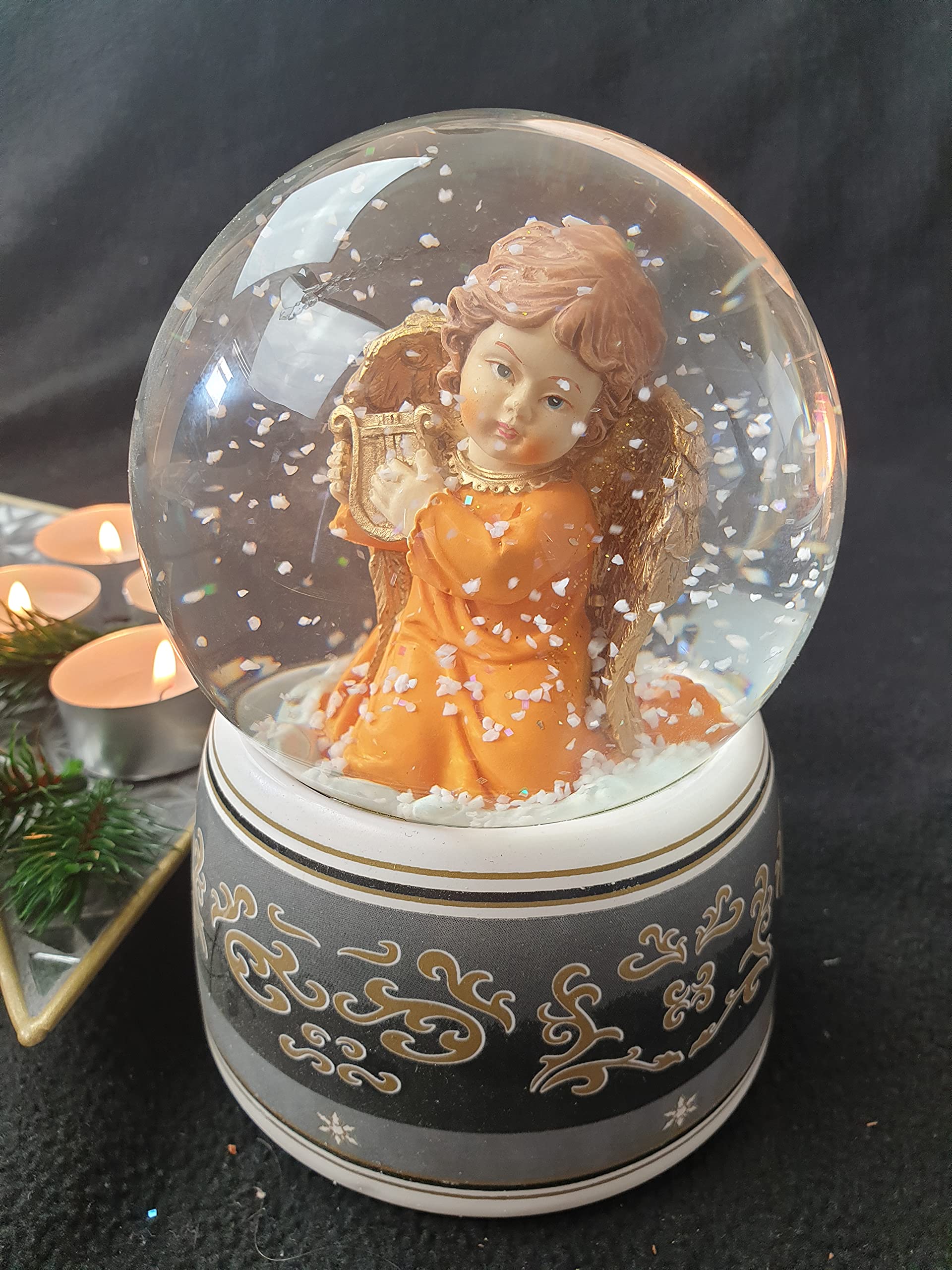 Schneekugel Spieluhr Engel | Harfe mit Flügel Gold mit Spieluhr Ode an die Freude | 140mm hoch | 100mm Durchmesser | Schüttelkugel Glitzerkugel | 20034