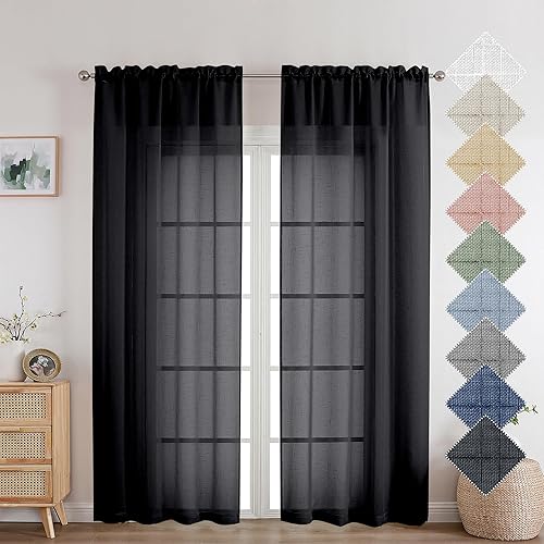 Aiyufeng - Cortinas traslúcidas color negro de 72 pulgadas de largo, 2 paneles de cortinas semitraslúcidas con textura de lino, transpirables,