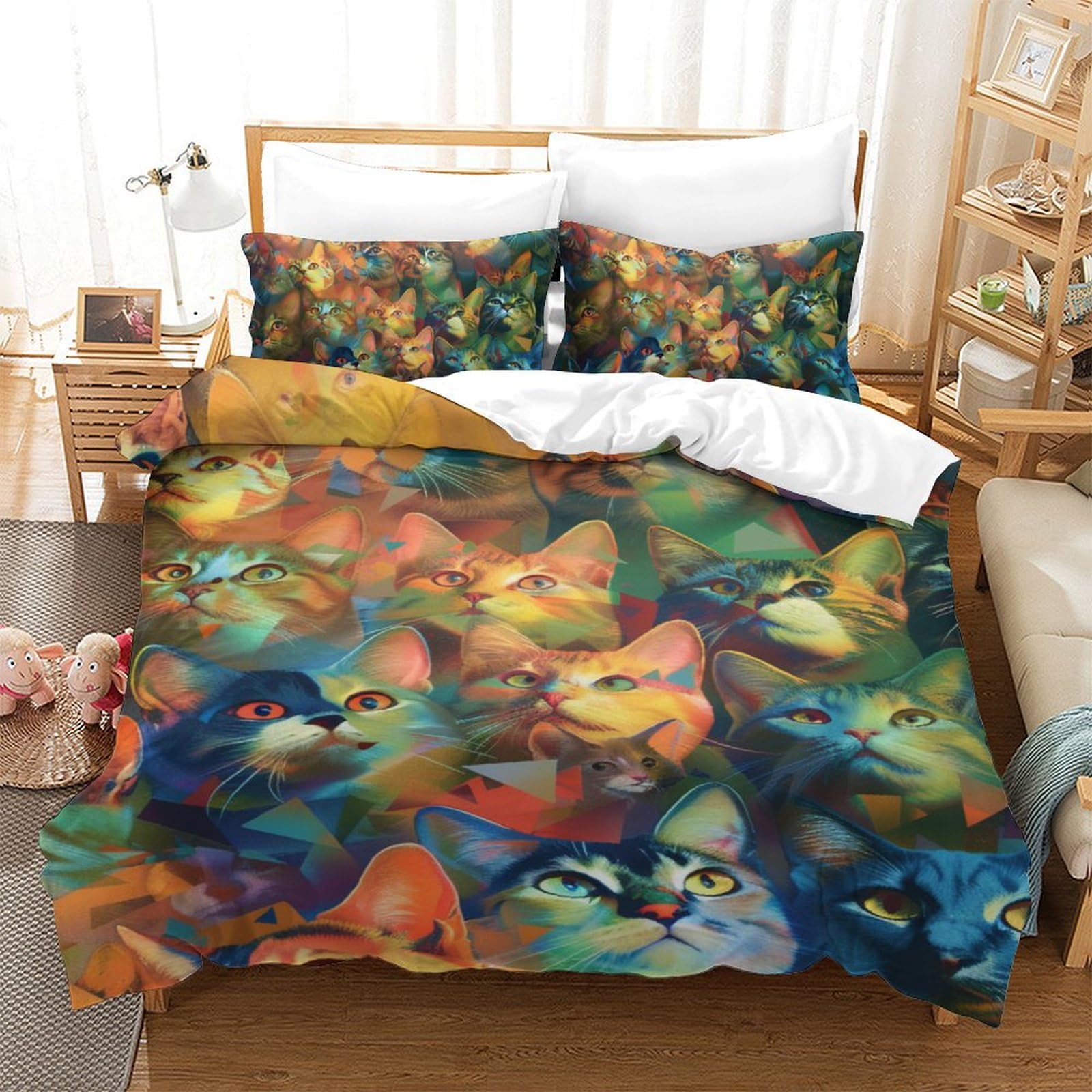 Housse de couette chat 3D 140x200 avec taies d'oreiller pour lit simple