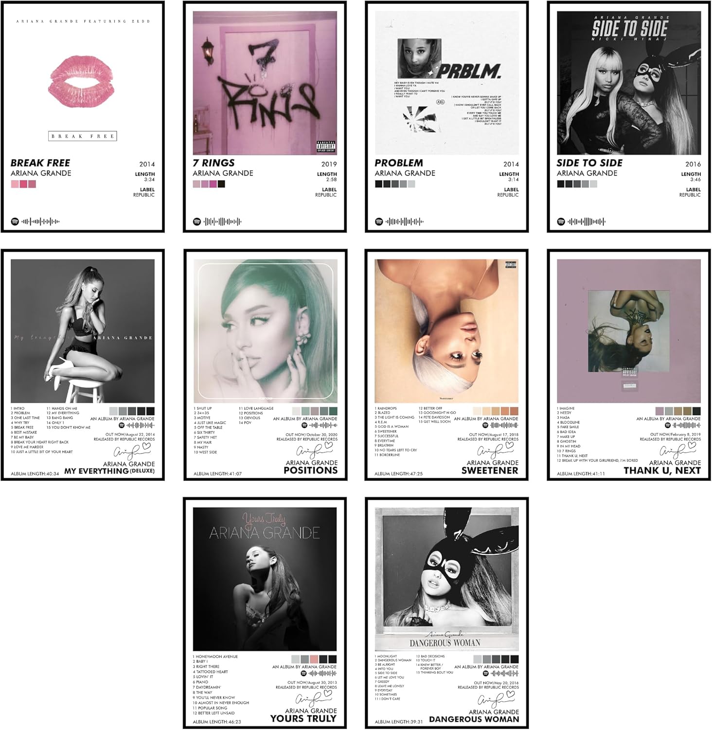 Thepaper9store Pack of 10 Ariana Grande Music Album Art Wall Posters, 8.2x11.8 inch Adhesive Tape Attached Wall Decor, Music Posters, Wall Art For Bedroom, Living room, Office