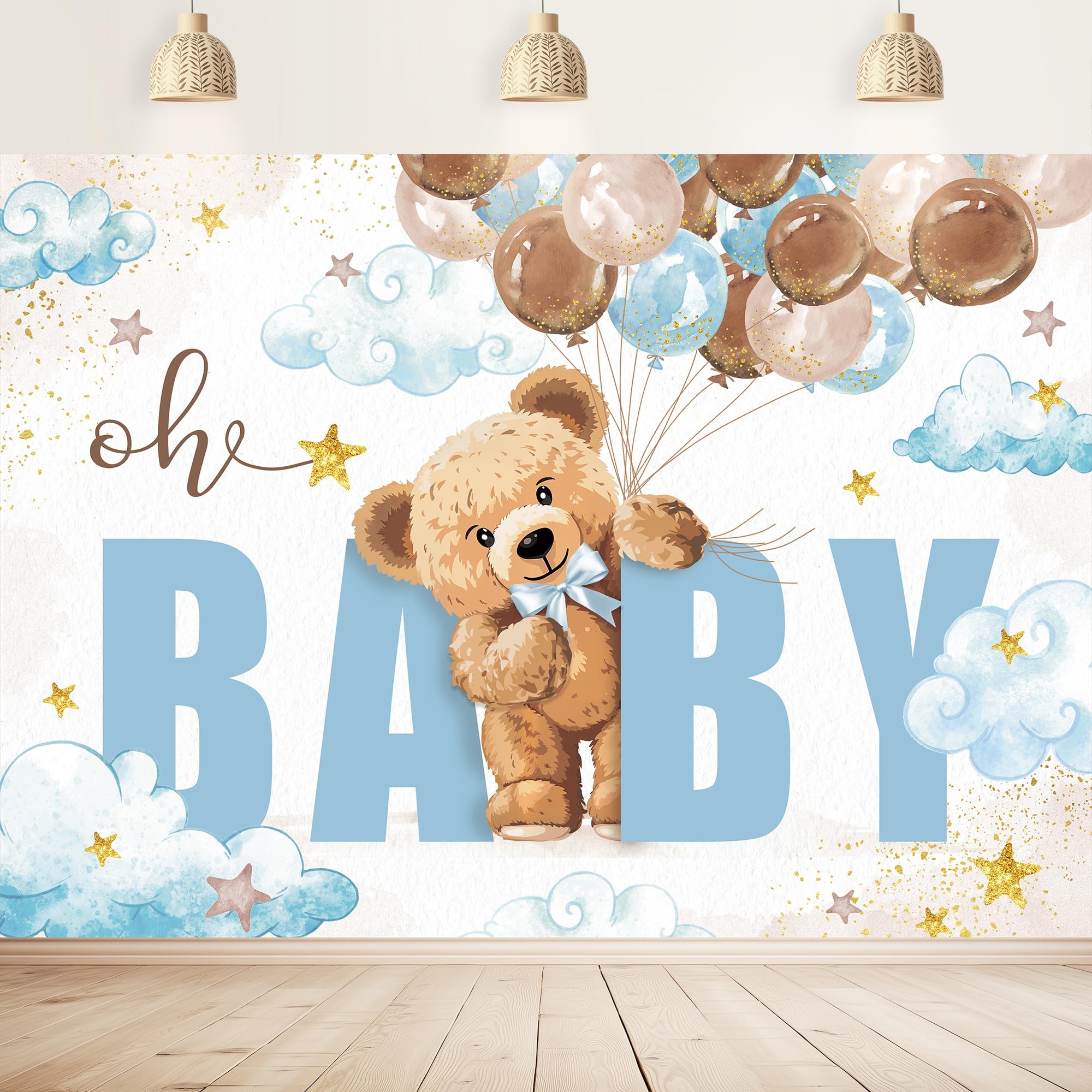 Imirell Oh Baby Bear Baby Shower Backdrop 7Wx5H Feet for Boys Brown Blue Balloons Lovely Clouds Gold Stars Polyester Fabric Cute Cartoon Photography