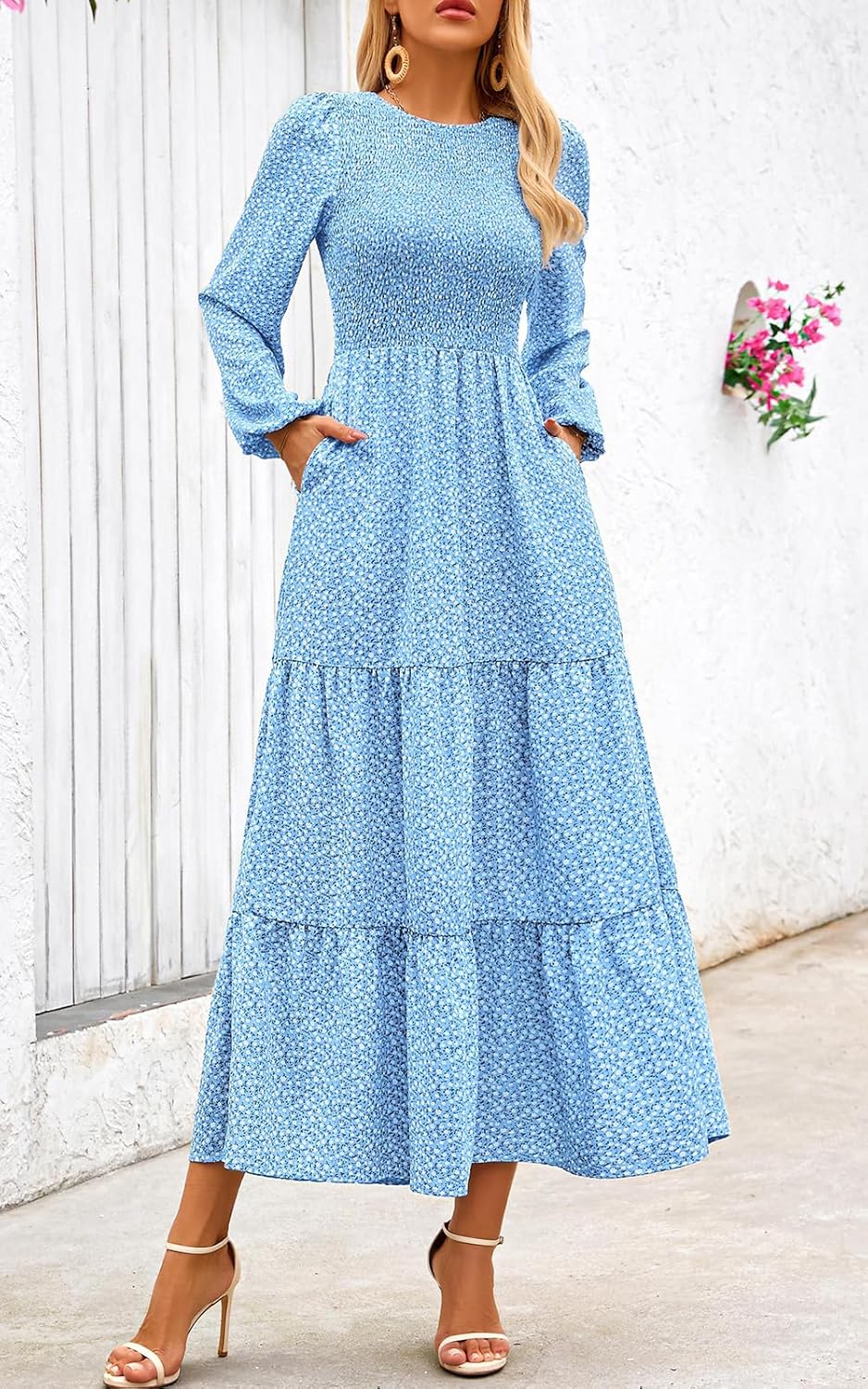 PRETTYGARDEN Women's Spring Dresses 2026 Long Sleeve Flowy Casual Floral Maxi Dress Crew Neck Smocked Tiered Long Dress - Image 2