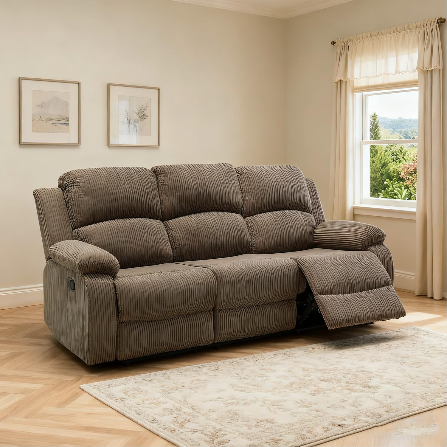 Corduroy Recliner Sofa Set for Living Room Furniture Set, Brown Manual Reclining Couch 3 Seater Sofa with Coffee Table,Cup Holder for House/Home Theater(1-Piece)