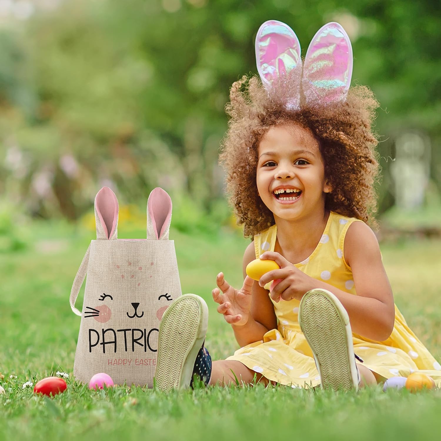 Set of 2, Personalized Easter Basket for Girls & Boys w Name, Blue or Pink Bunny Ears, 8 Designs, Customize Tote Bags with Handle for Easter Eggs, Easter Gifts Bag for Kids, Personalized Candy Basket