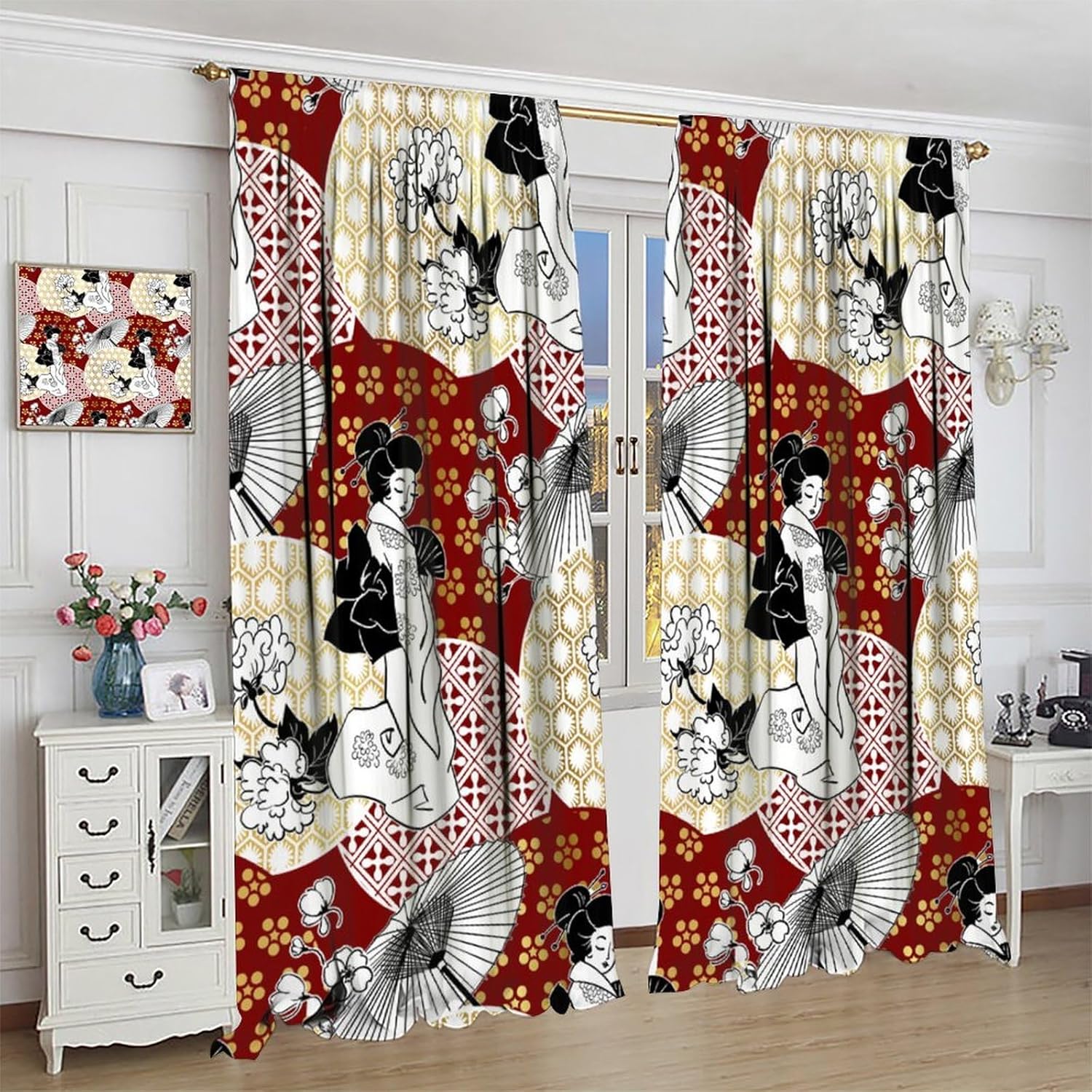 East Japanese Geisha Girl Curtain,Traditional Style Kimono Folk Culture Illustration Umbrella Rod Pocket Blackout Window Drapes for Bedroom Living Room 42" W X 54" L