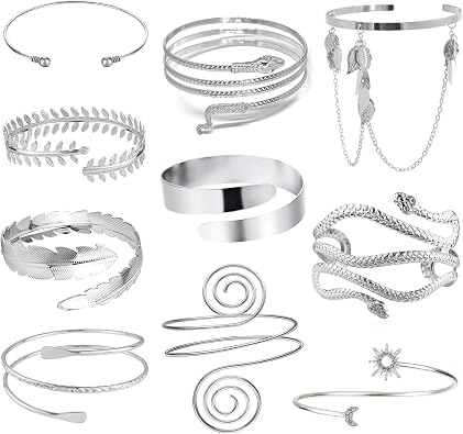 EIELO 6-10Pcs Arm Cuff Bracelets for Women Upper Arm Bands Snake Feather Armband Greek Goddess Filigree Swirl Boho Armlet Cuff Bangle Adjustable Golden/Silvery Arm Bracelet Set