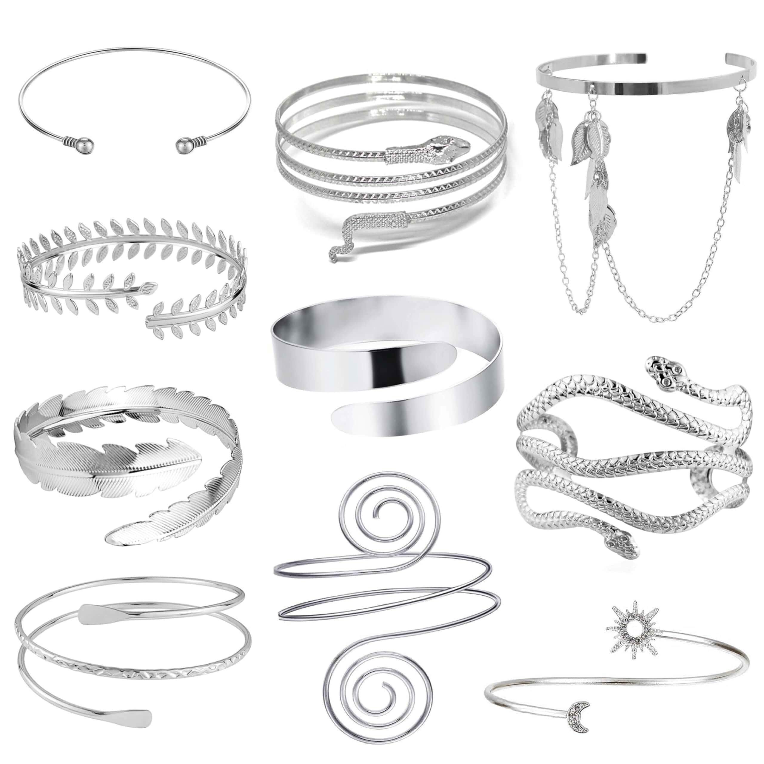 EIELO 6-10Pcs Arm Cuff Bracelets for Women Upper Arm Bands Snake Feather Armband Greek Goddess Filigree Swirl Boho Armlet Cuff Bangle Adjustable Golden/Silvery Arm Bracelet Set