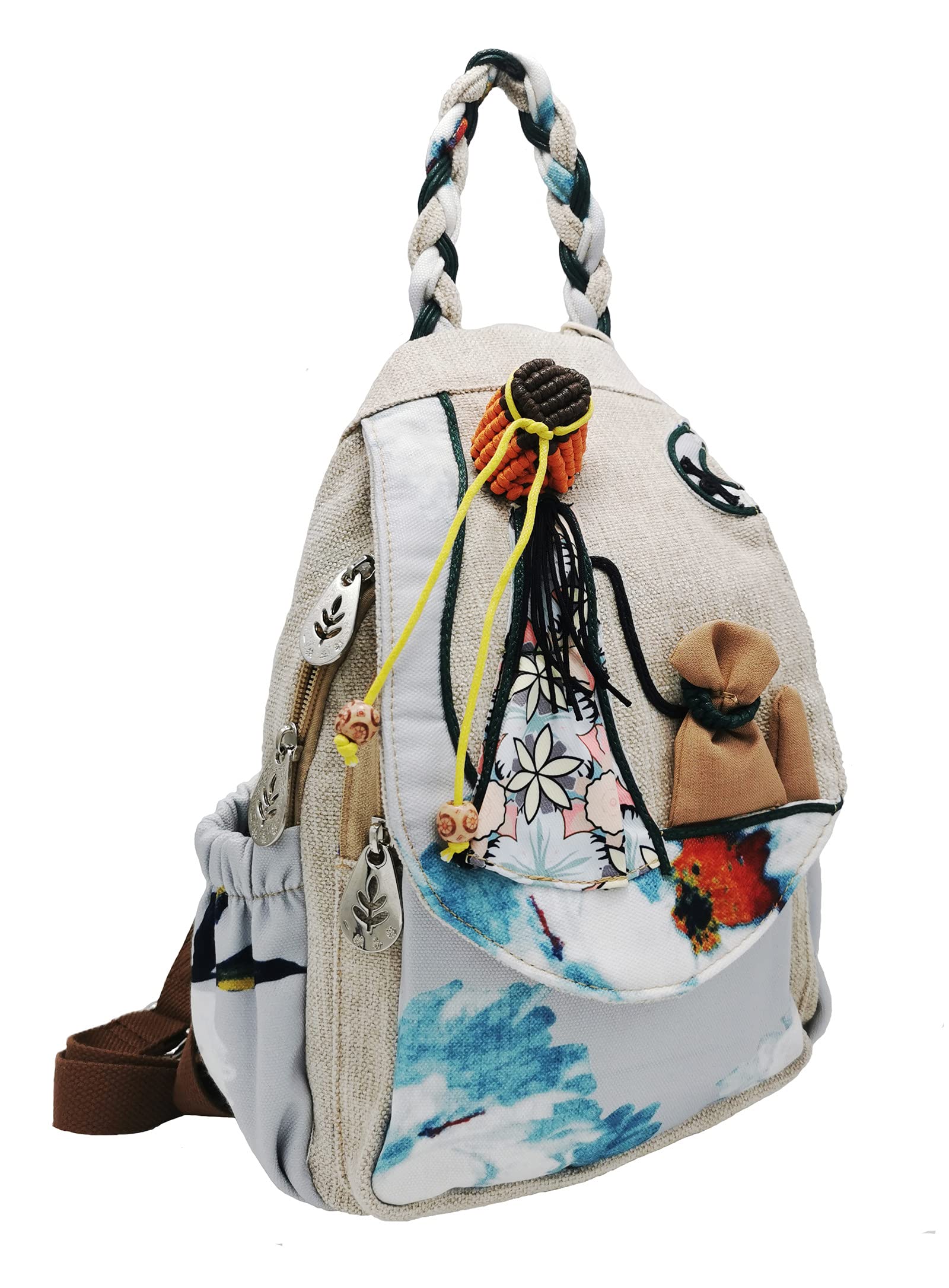 HUANGGUOSHU Women Cotton Woven Bohemian Hemp Boho Canvas Embroidery Multi Pocket Retro Cute Backpack Wallet Backpack（Maiden）