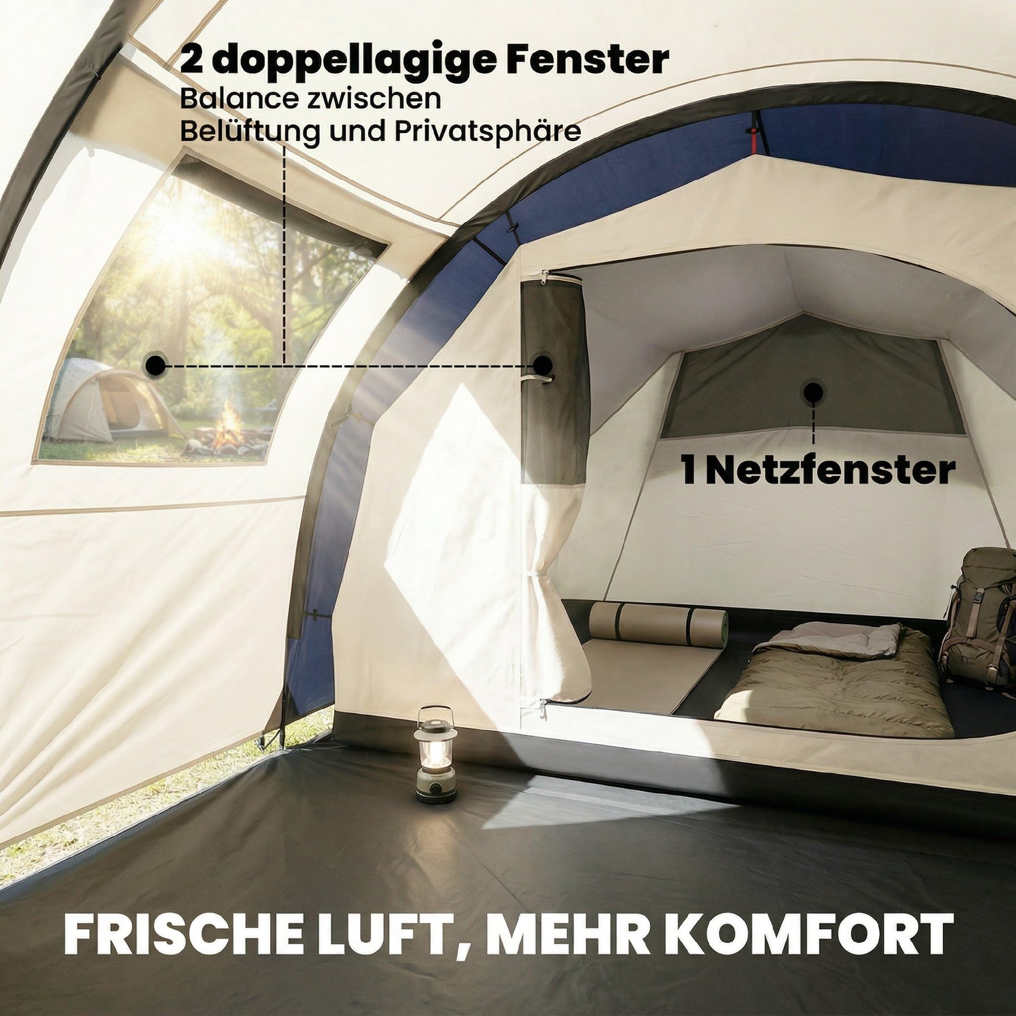 Outsunny Tunnelzelt 4 Personen Familienzelt mit Schlaf- und Wohnzimmer Fenstern Bodenplane Stehhöhe 3000 mm Wassersäule, wasserdicht Campingzelt mit Tragetasche Camping Zelt Marineblau+Cremeweiß