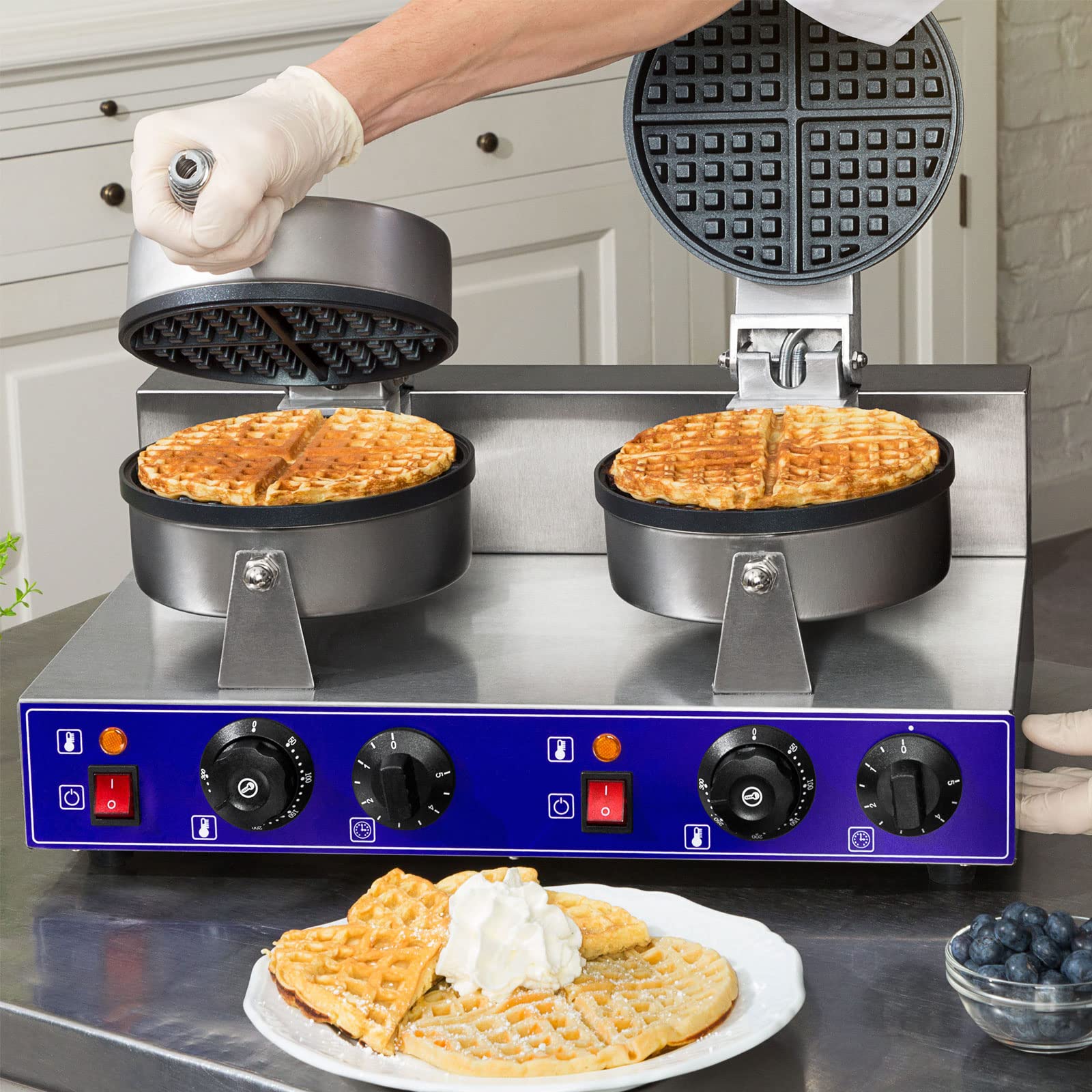 VERTES Gofrera belga doble eléctrica 2000W de acero inoxidable (2x temporizador 5min, 2x temperatura 50-300 °C regulable en continuo, 4 pies de goma antideslizantes, revestimiento antiadherente)