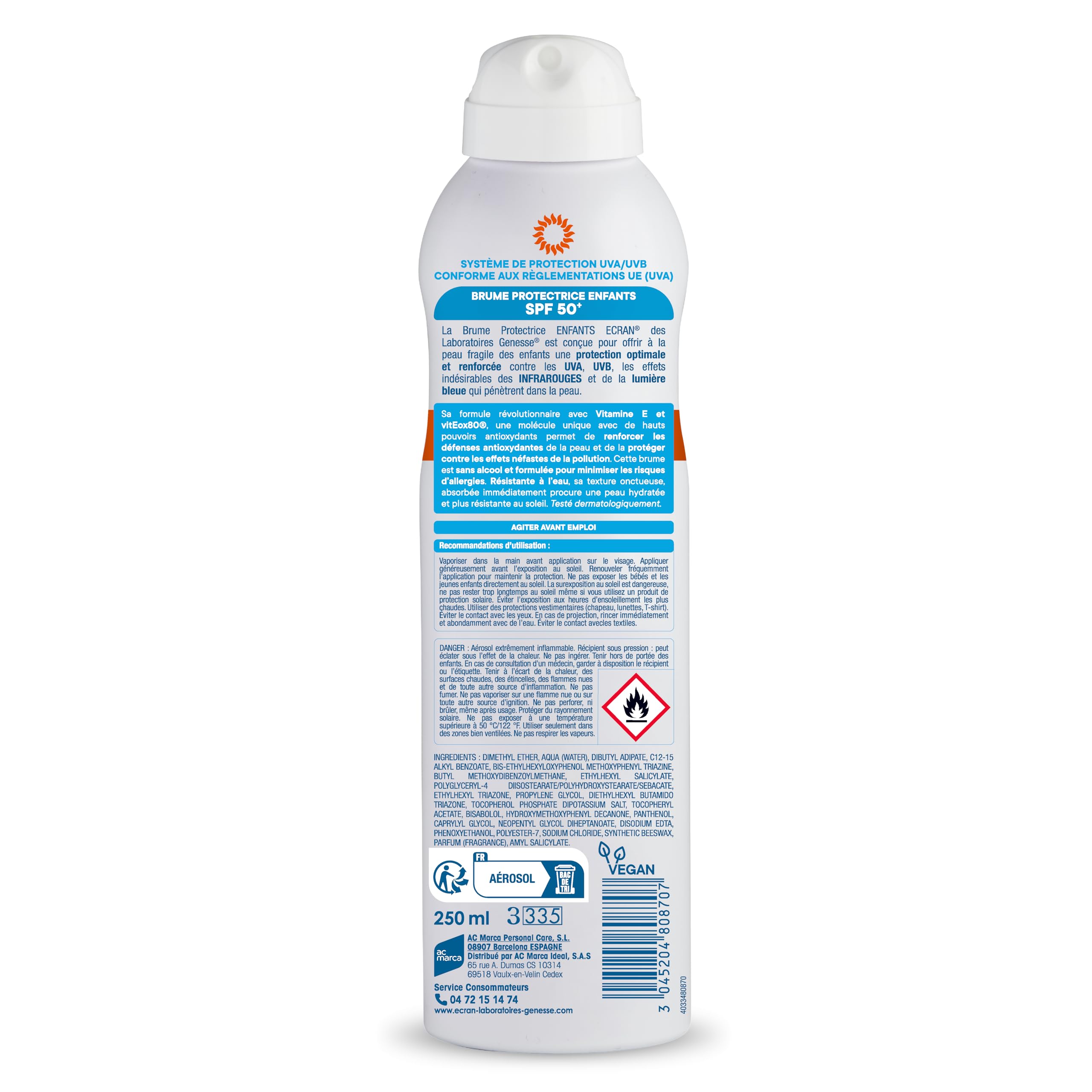 ECRAN® - Brume Protectrice Enfant - Très Haute Protection - Technologie vitEox80 - Vitamine E - Protection UVA, UVB, Lumière Bleue, Coups de Soleil - Protection Solaire SPF 50+ - Résistante à l'eau