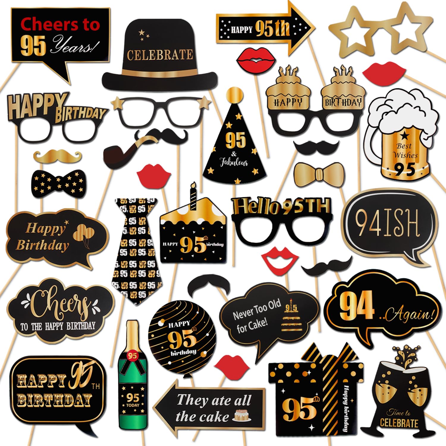 LINGTEER Happy 95th Birthday Party Photo Booth Props,Cheers to 95th Birthday 95th Years Old Bday Party Centerpieces Props Decorations Sign.