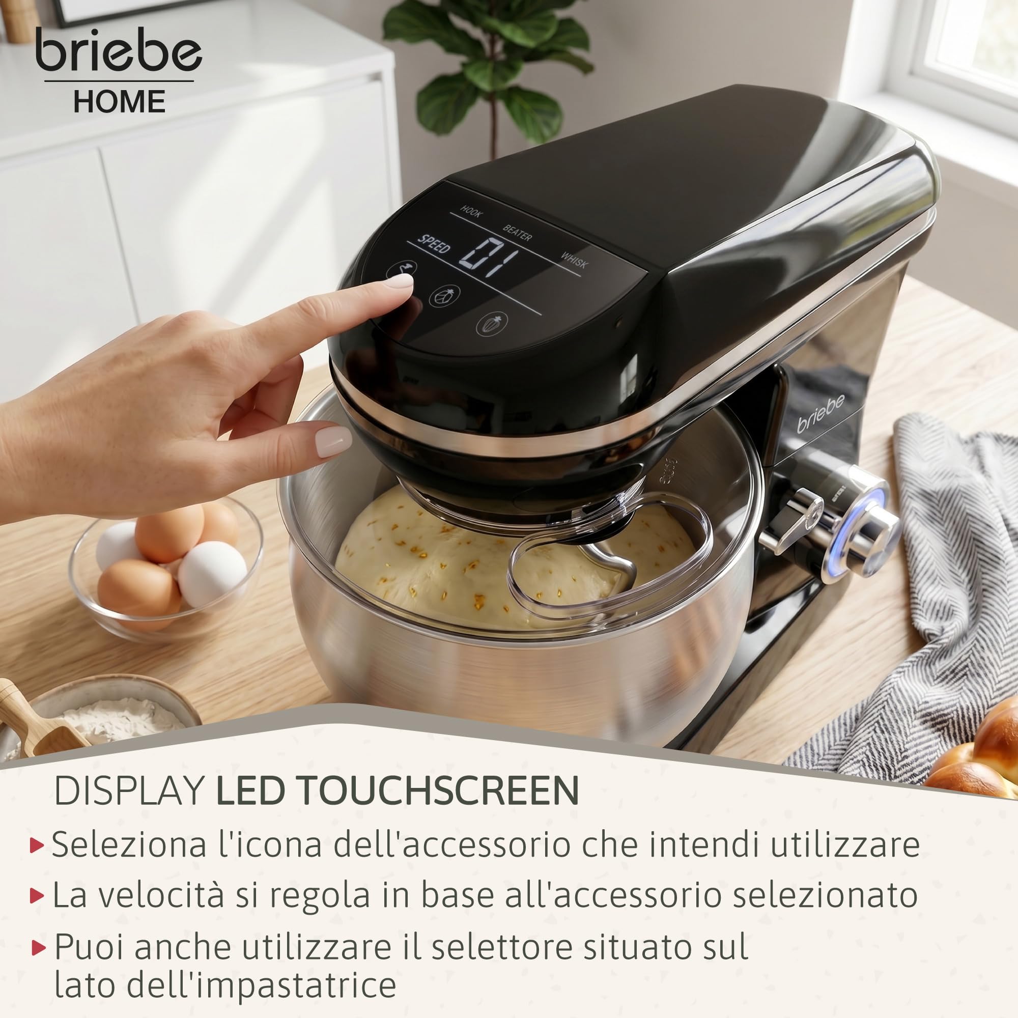 briebe Impastatrice Planetaria Professionale per Pasticceria 1800W MAX Robot da Cucina Orbitale, Frusta, Ciotola 5 L, 6 Velocità + Funzione Pulse, Schermo Touch LED, KM1164