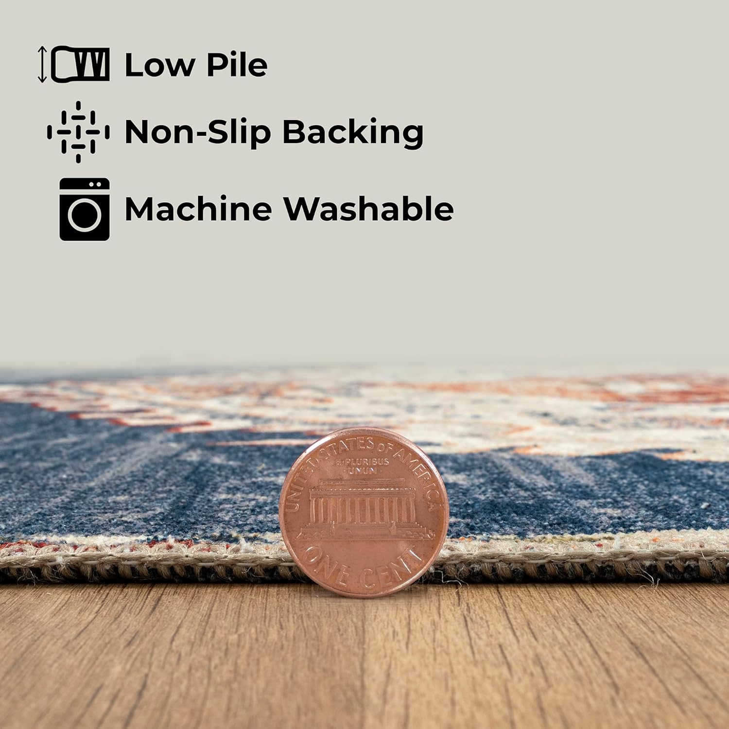 GLN Rugs Vintage Collection - Machine Washable Area Rug, Vintage Washable, Non Slip, Low Pile Rug, Living Room, Bedroom, Bathroom Rug - Easy Clean (2'x3' Blue and Multicolor)