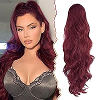 Vista 31 de BARSDAR Extensión de cola de caballo rojo burdeos, extensiones de cabello ondulado con cordón de 16 pulgadas para mujer, extensiones de cabello