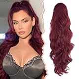 Burgundy Red Ponytail Extension - 26 Inch Long Wavy Drawstring Ponytail Hair Extensions for Women - Voluminous Natural Looking Synthetic Clip in Pony Tails Hairpieces - Burgundy