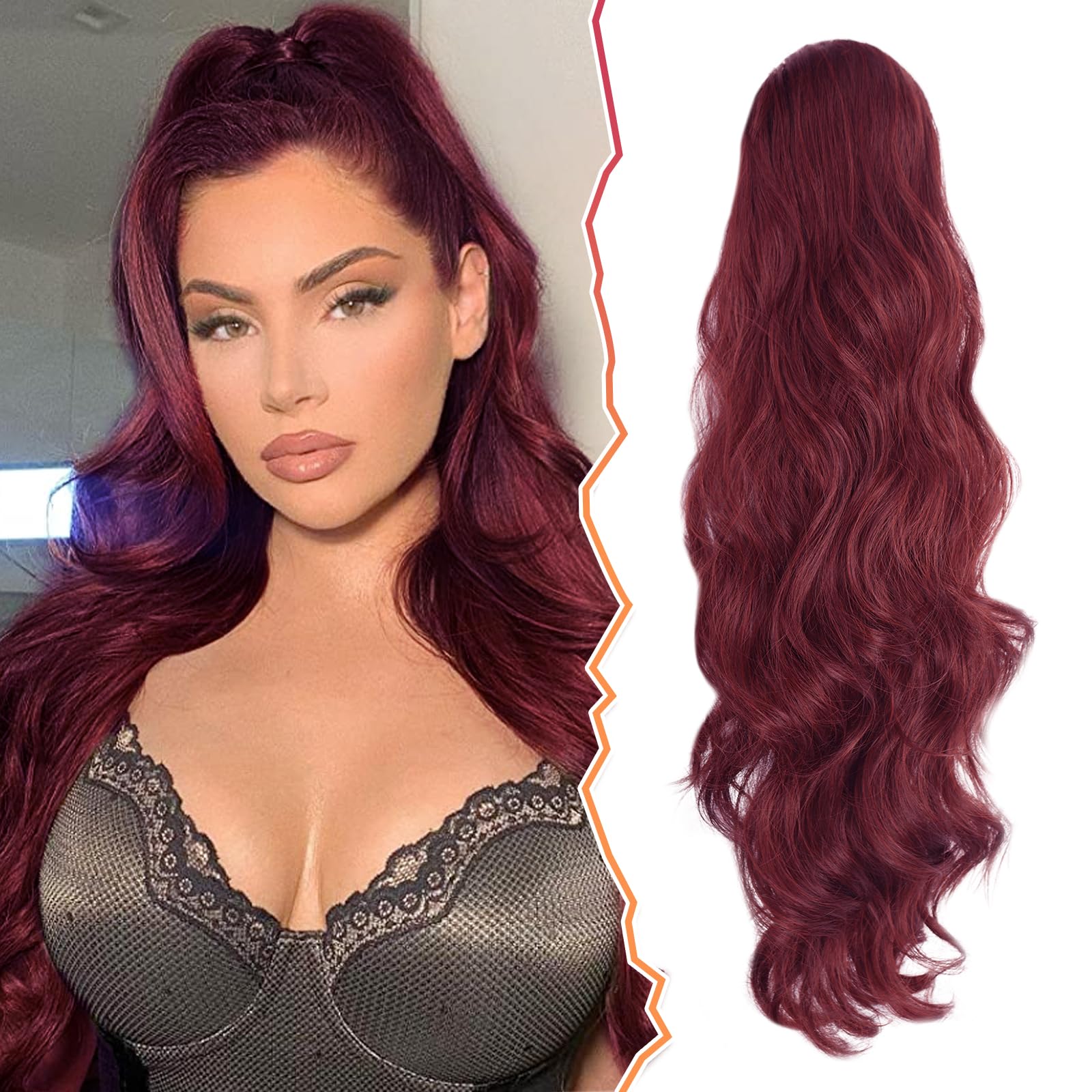 BARSDAR Burgundy Red Ponytail Extension - 26 Inch Long Wavy Drawstring Ponytail Hair Extensions for Women - Voluminous Natural Looking Synthetic Clip
