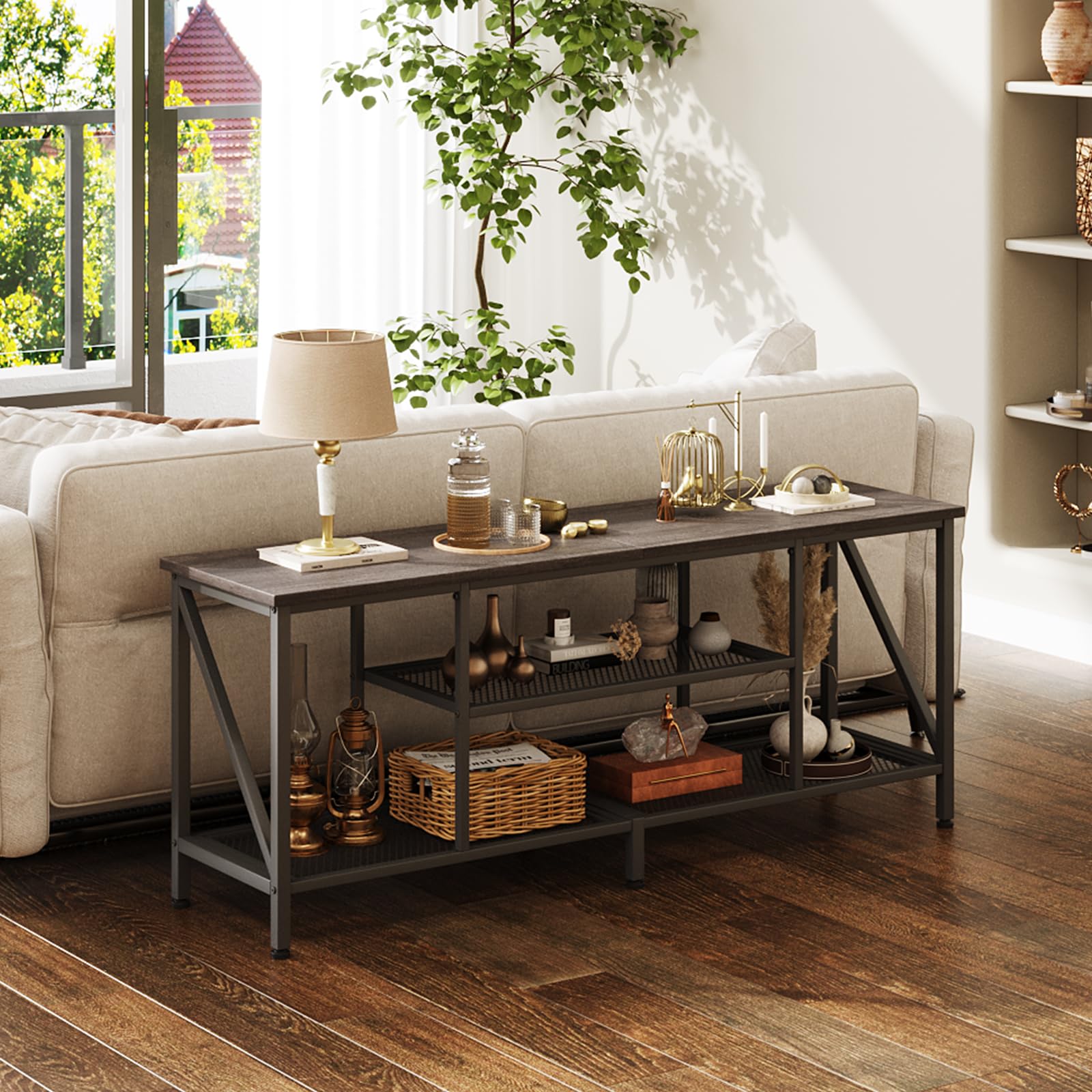 CAIYUN TV Stand for 60 65 inch TV, 55" Modern Entertainment Center, 3-Tier Industrial Style TV Console Table with Open Storage Shelves, Wood & Metal Frame, for Living Room or Bedroom (GreyOak)