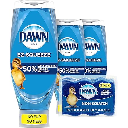 Dawn Dish Soap EZ-Squeeze Dishwashing Liquid + Non-Scratch Sponges for Dishes, Original Scent, Includes 3x22oz Bottles + 2 Sponges
