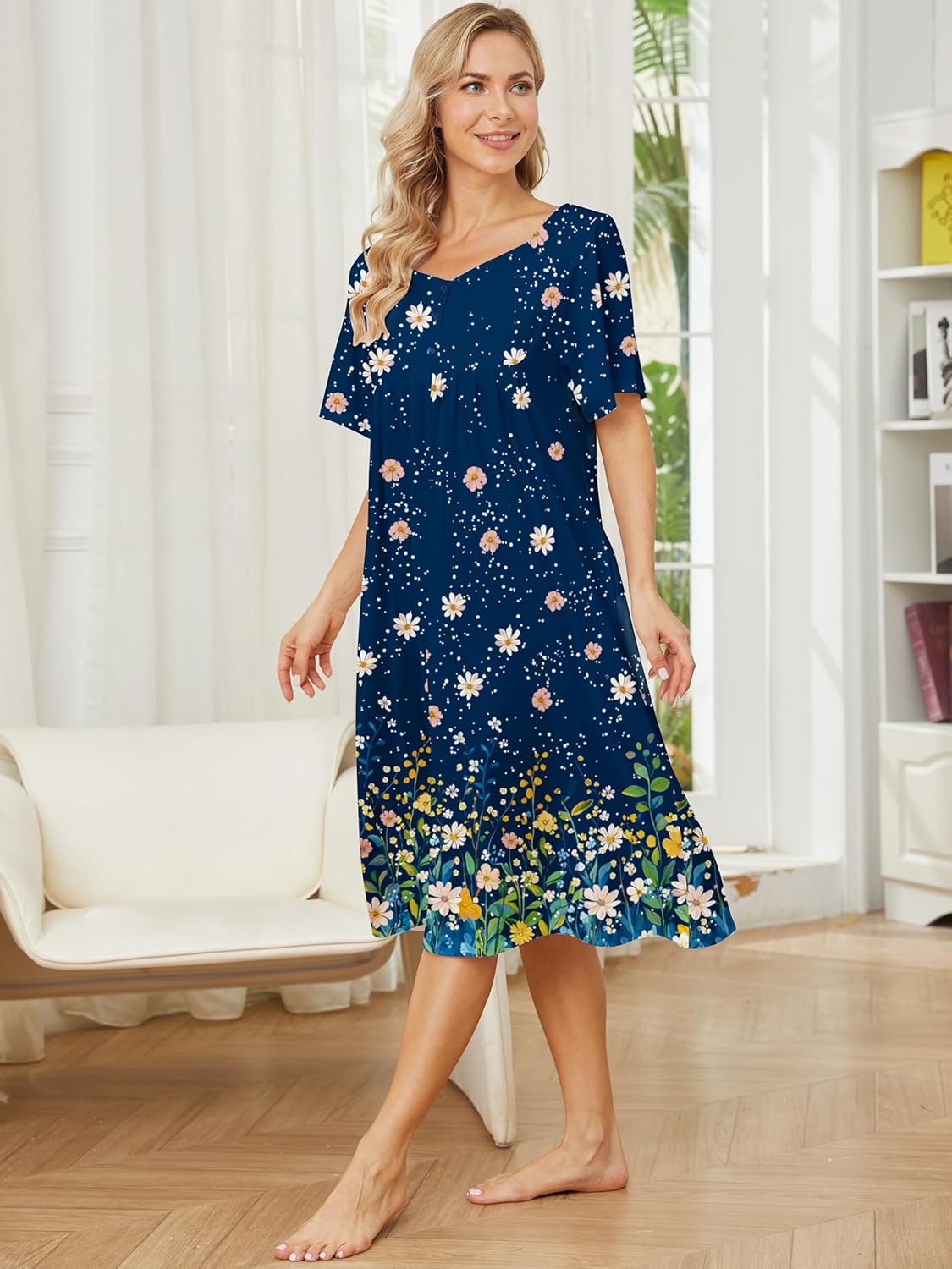 House Dresses for Women with Pockets Floral Cotton Nightgowns Short Sleeve Moo Moos for Women Mumu Moomoo Dress - Image 5