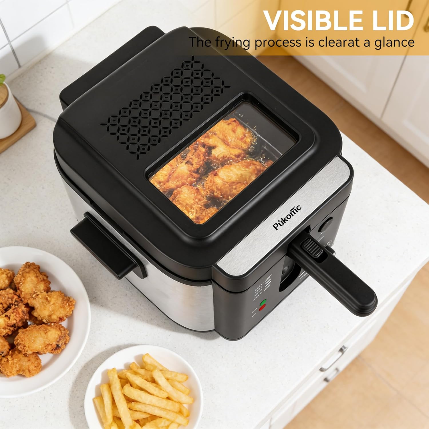 Pukomc Electric Deep Fryer with visible lid, showing food frying inside.