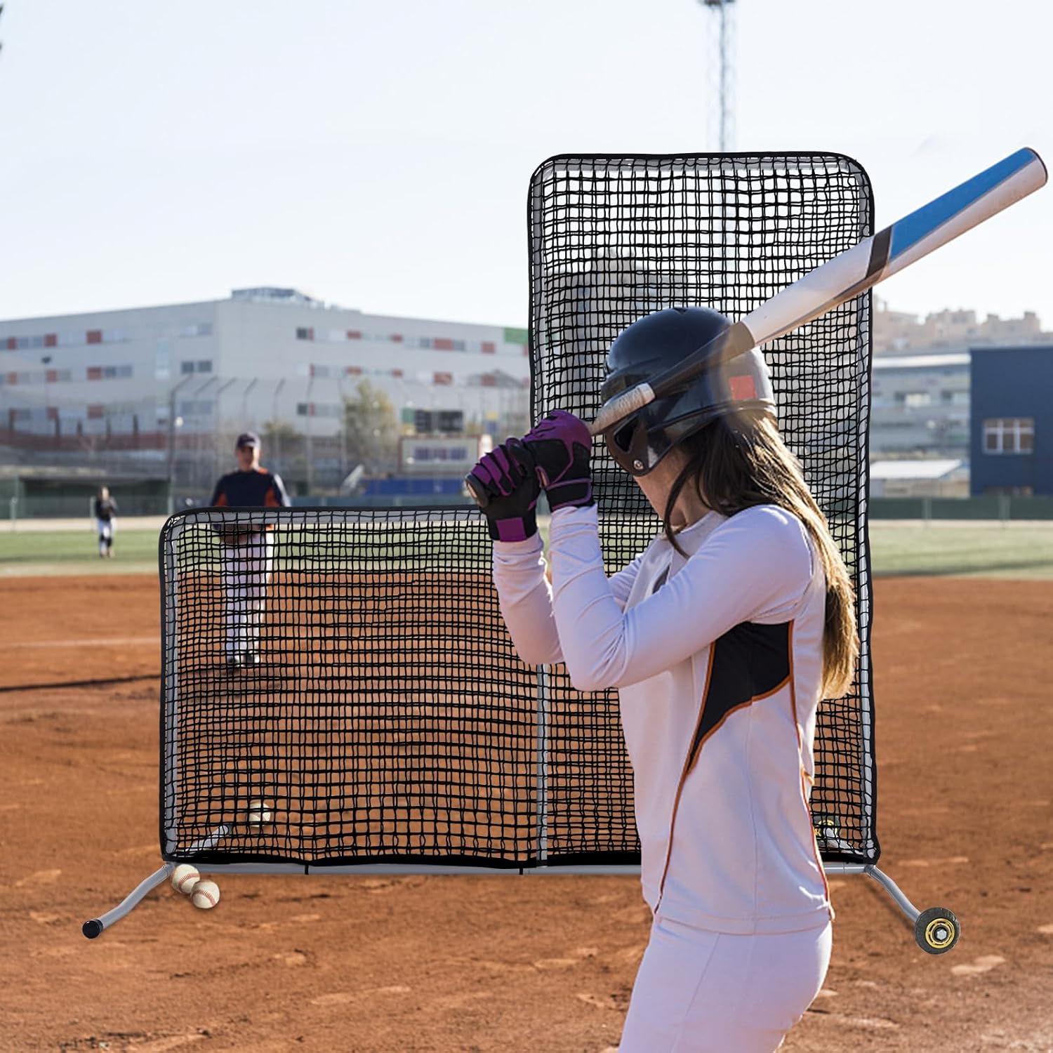 L Screen Baseball Pitching Net with Wheels - 7x7 Ft Heavy Duty Portable Steel Frame for Batting Cage Softball Training Protection, UV Treated Backyard Aid