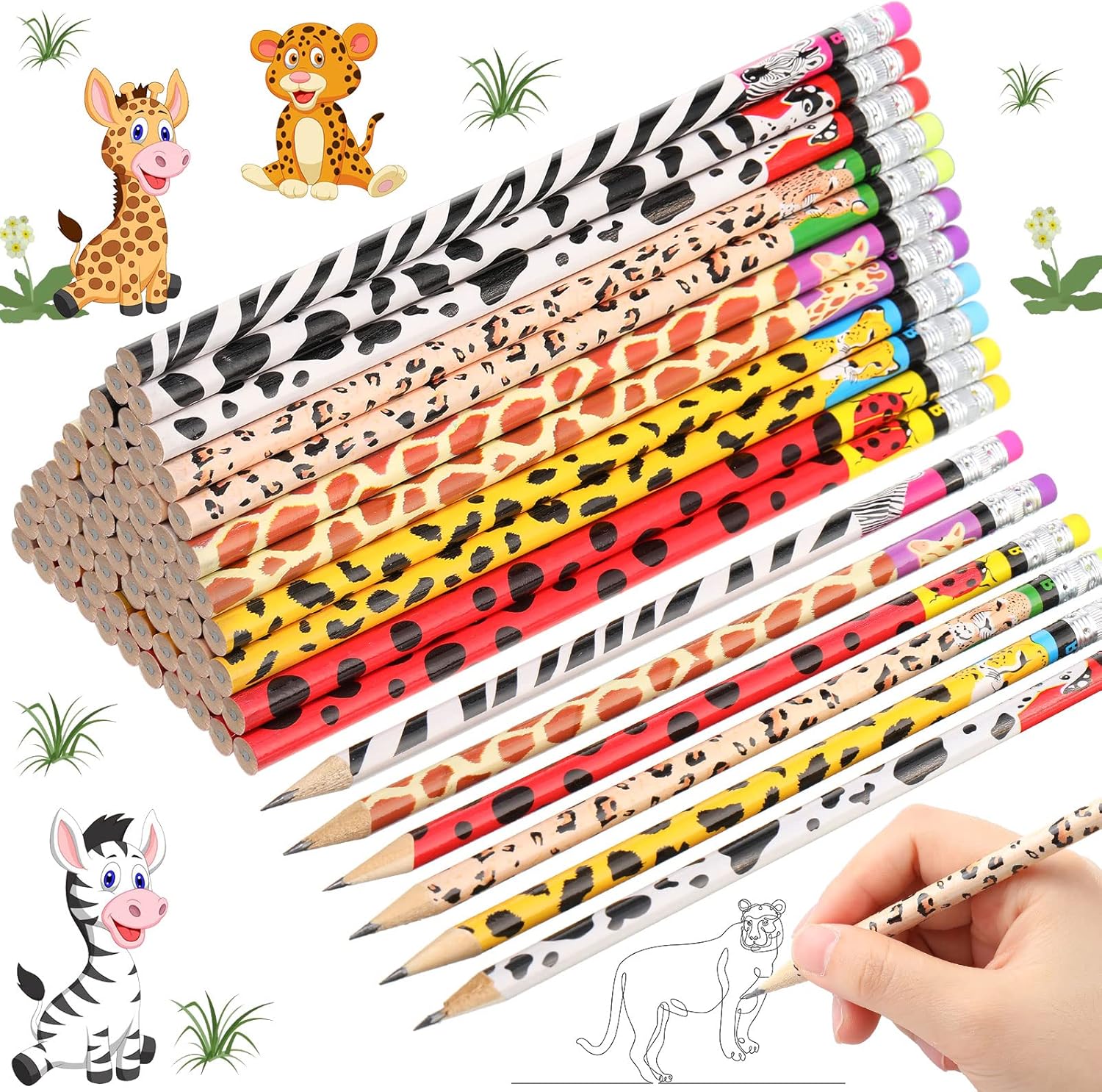 Buy 72 Pieces Animal Print Pencils with Eraser Wood Safari Pencils for ...