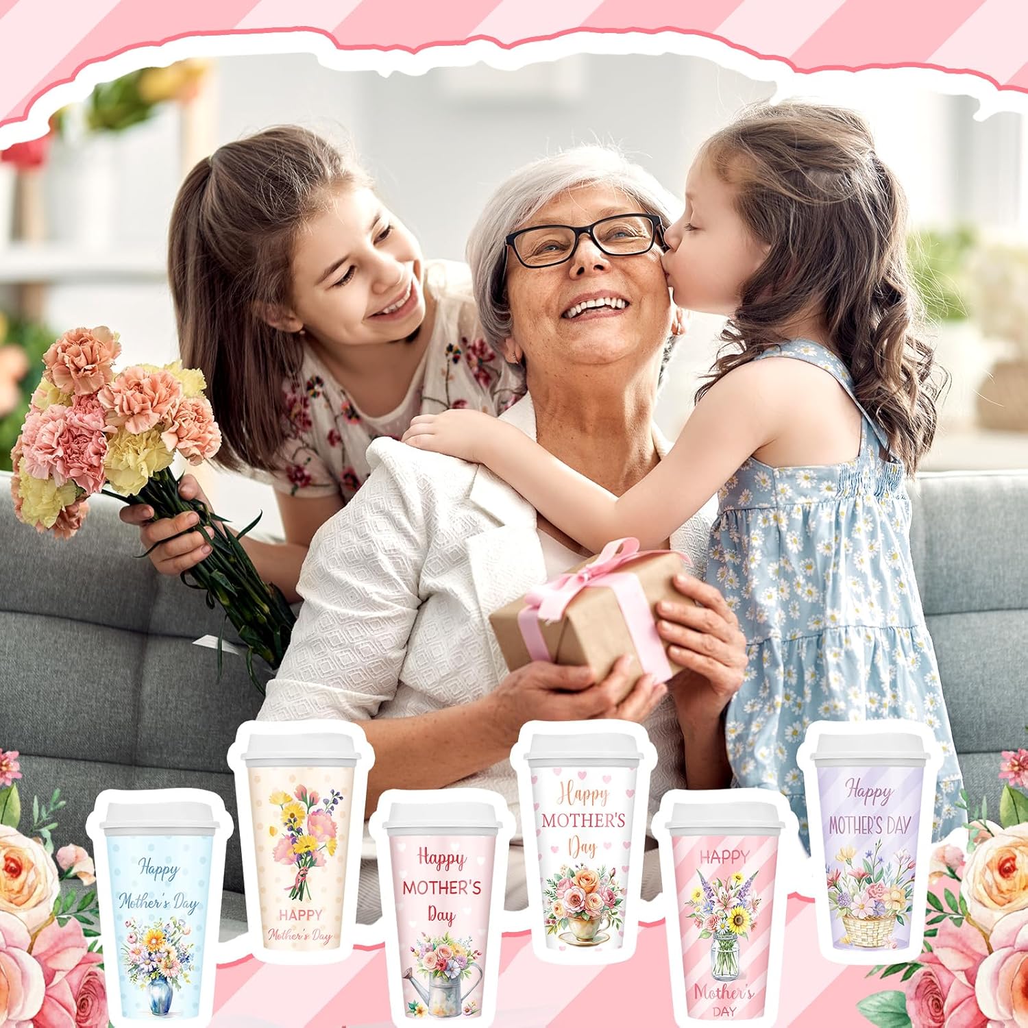 Havawish 12 Sets Christian Mother's Day Drink Carrier with Cups Cup Carriers with Handle Plastic Coffee Cups with Bible Verse for Church Gift Birthday(Bouquet)