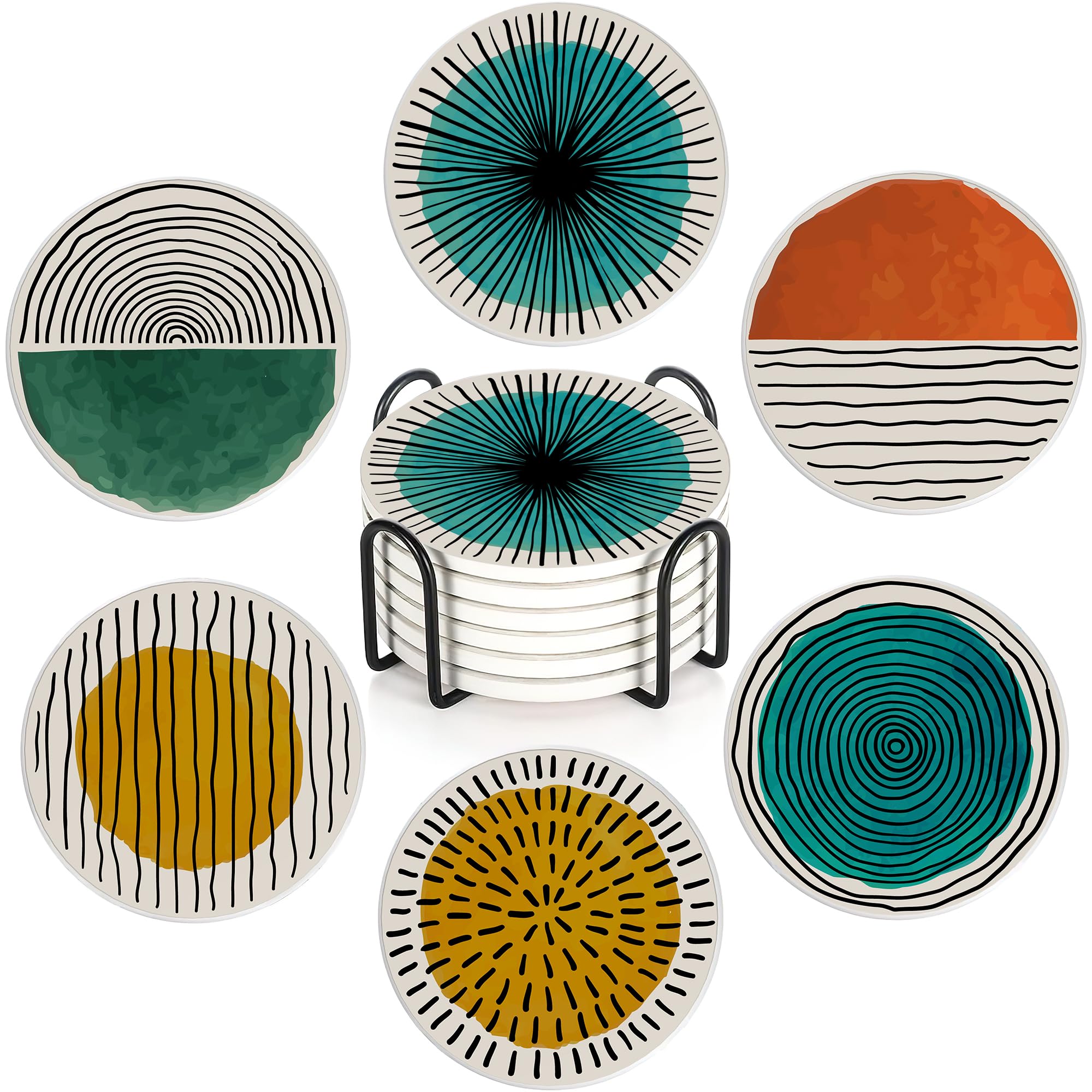 Abstract Art Minimalist Set of 6 Absorbent Ceramic Coasters with Cork Base & Holder,10cm Round Drink Mats for Mugs, Wine Glasses - Spill Protection for Wood/Glass Tables