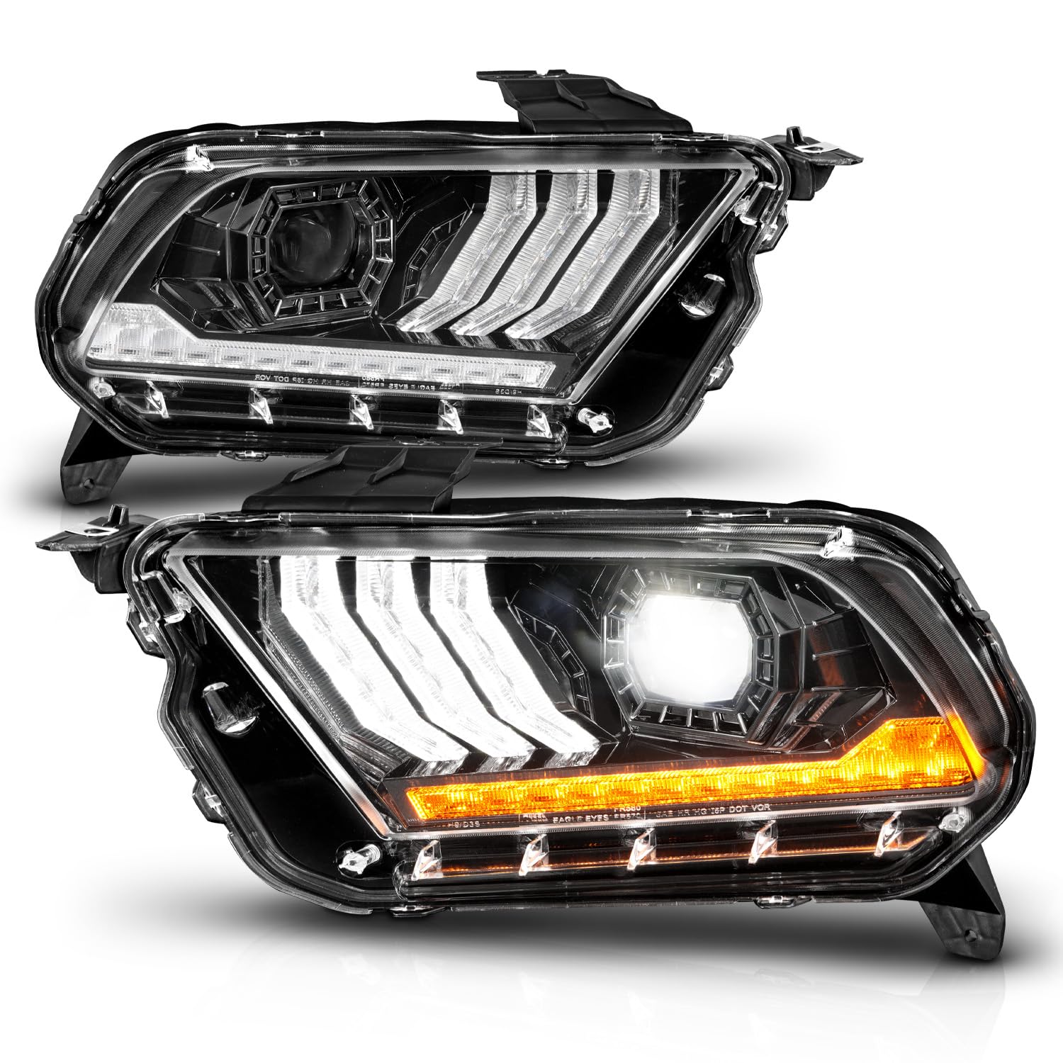 for 2010-2014 Ford Mustang [Full LED] Sequential Tube Projector Black Replacement Headlights Pair - Passenger and Driver Side