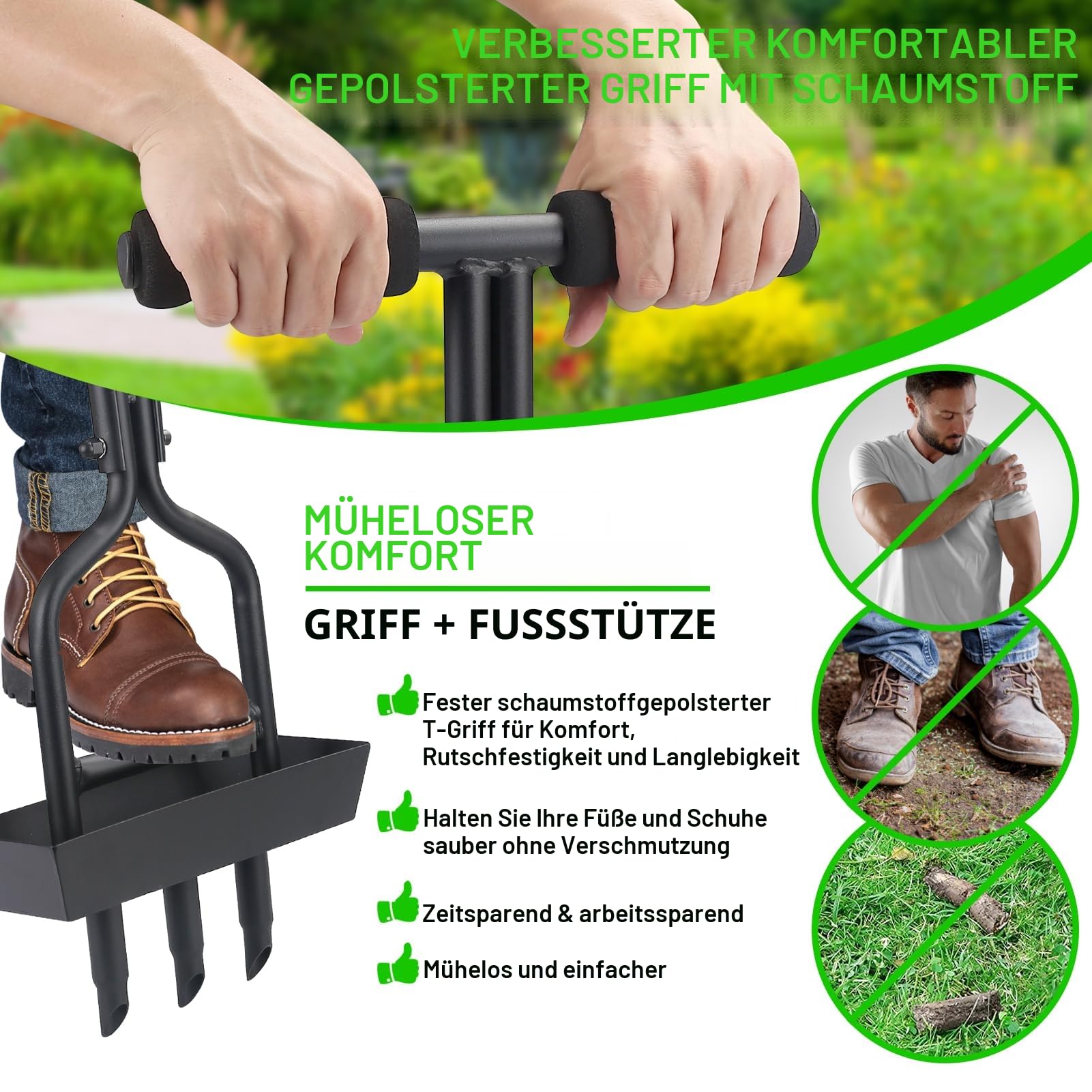 Rasenlüfter, Aerifizierer für Rasen, 3 Kern Hohlspoon mit Ablageschale, Hohlzinken Aerifizierer Gerät für verdichtete Böden, Rasenflächen und Gärten