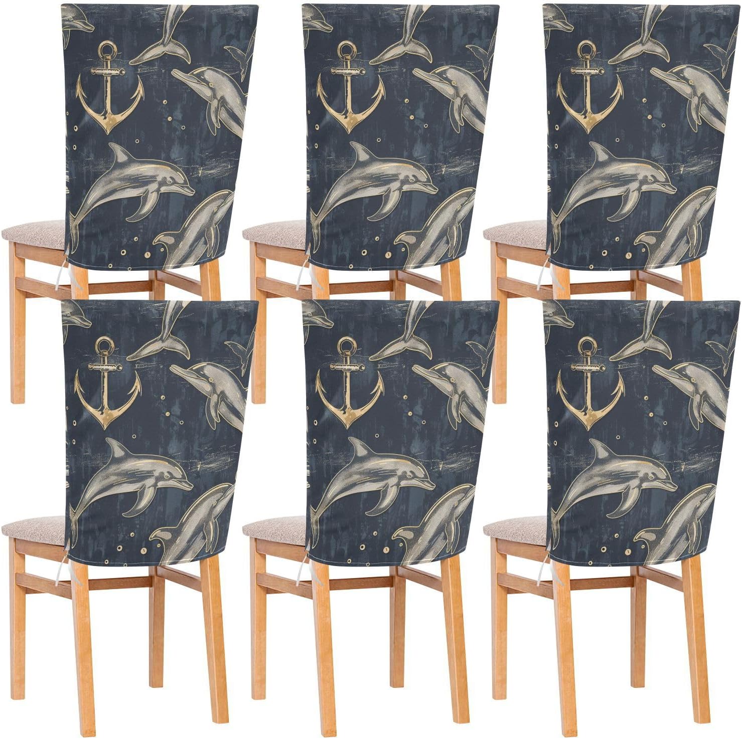 ALAZA Dolphins and Anchor Chair Back Cover Set of 6, Washable Reusable Removable Chair Slipcovers Decorative Chair Cover for Home Kitchen Wedding Party