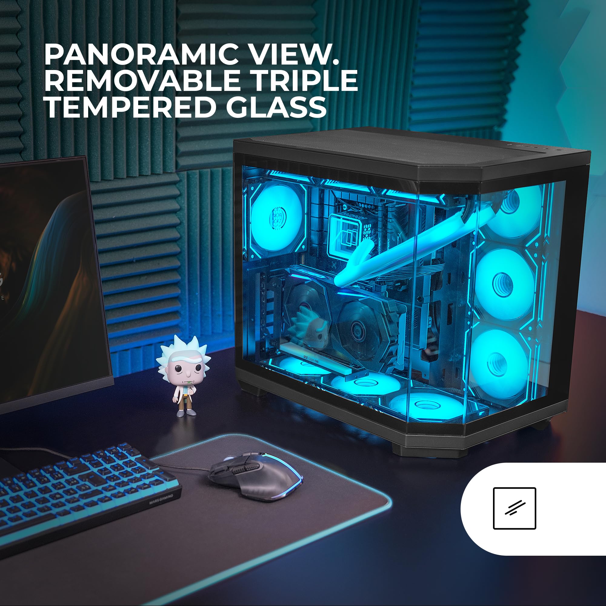 Mars Gaming MC-3TCORE, Custom ATX Gaming Gehäuse, Abnehmbares Fenster aus Dreifachglas, Dual-Kamera, Reverse Connector Backplane Kompatibler Semitower, Unterstützung für Flüssigkeitskühlung, Schwarz