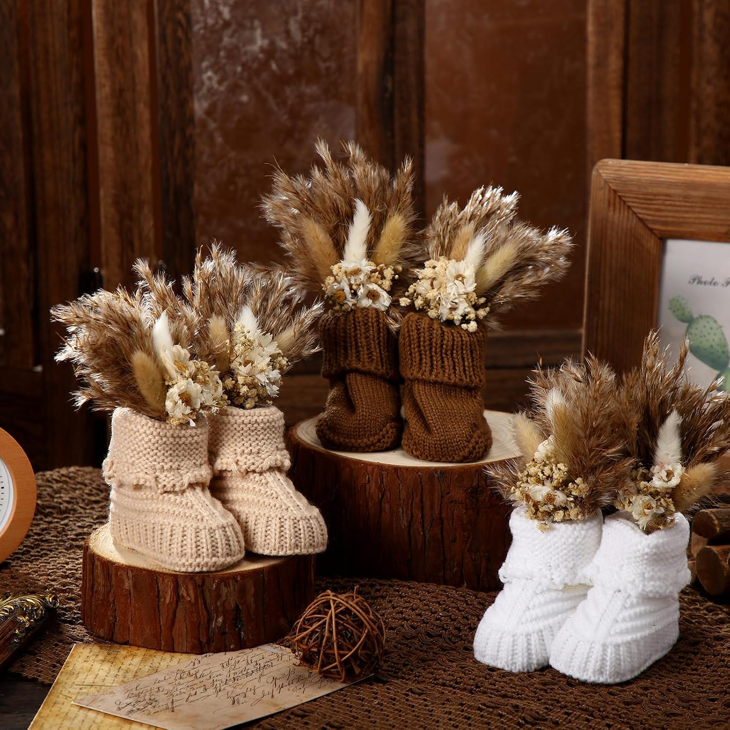 Chicingyou 3 Set Baby Shower Table Decorations Crochet Knitted Baby Booties Bulk with Dried Pampas Grass Bouquet Boho Table Centerpieces Gender Reveal Party Decor
