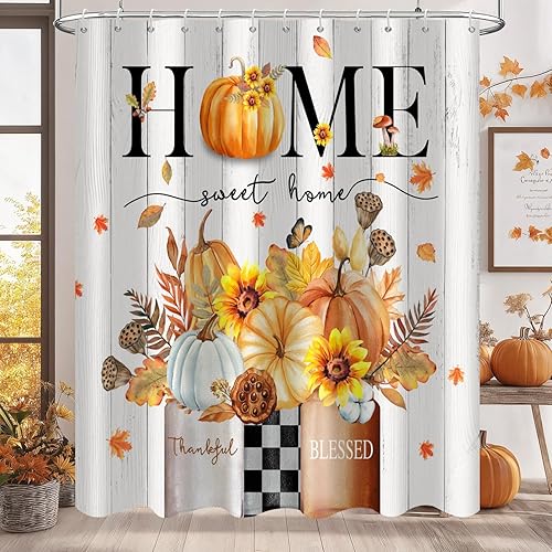 Cortina de ducha de calabaza de acuarela de otoño, calabazas de cosecha de otoño con cortina de baño floral para bañera, decoración del hogar, tela