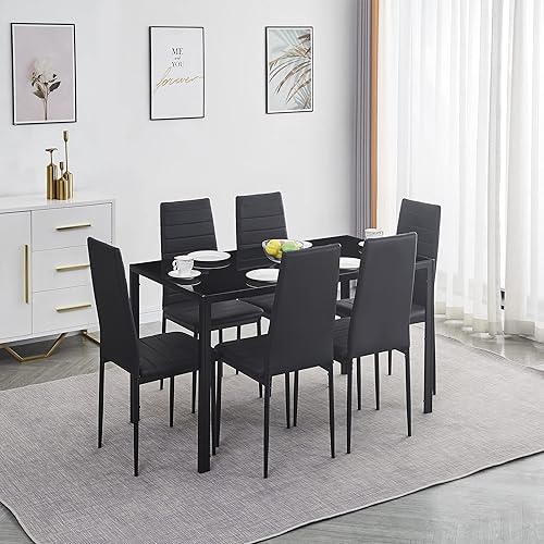 Miniatura 7 de Mesa de comedor de cristal de 51.2 pulgadas para 6 personas, mesa de cocina rectangular negra con tapa de vidrio templado y patas de metal Negro