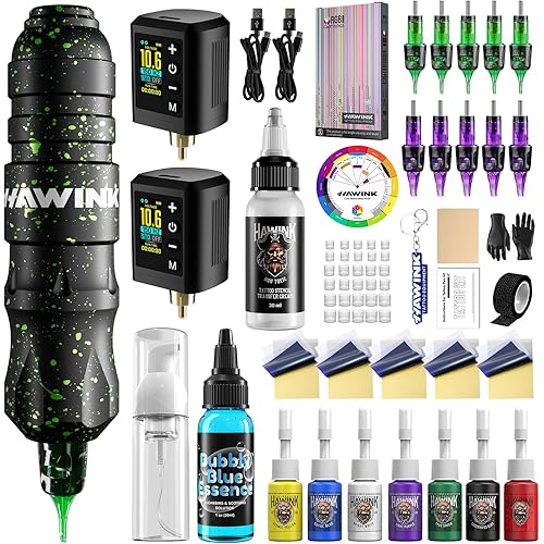 HAWINK Tattoo Gun Tattoo Kit with Power Supply LCD digital 3.7V Lithium Battery 1600mAh 2PCS Tattoo Battery 1Pcs 7 tattoo inks Stencil Transfer Cream Gel HW-TKP306KITA-10
