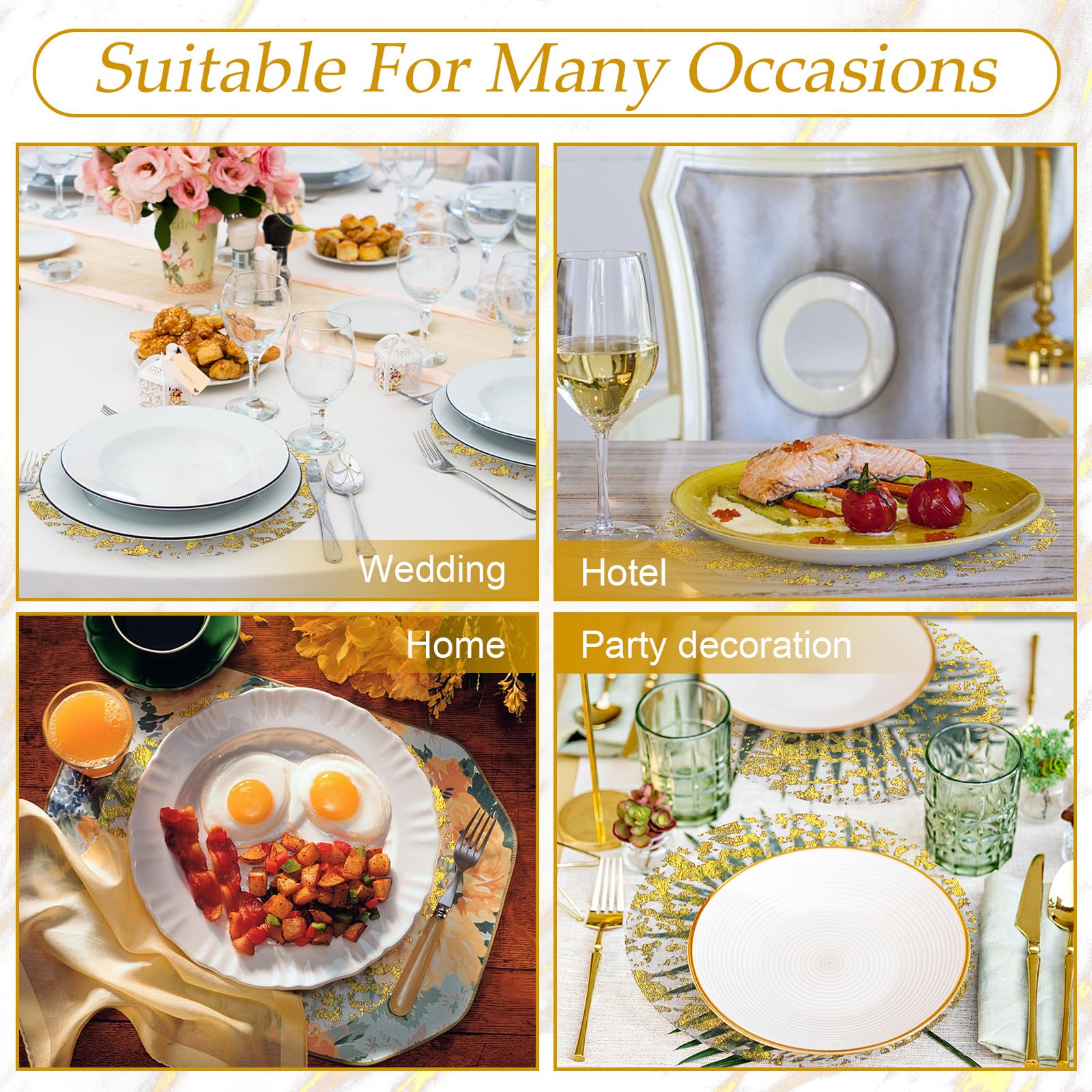72 manteles individuales desechables de lámina dorada de 13 pulgadas, redondos, de malla prensada, manteles individuales con purpurina para decoración de mesa de comedor, manteles individuales de