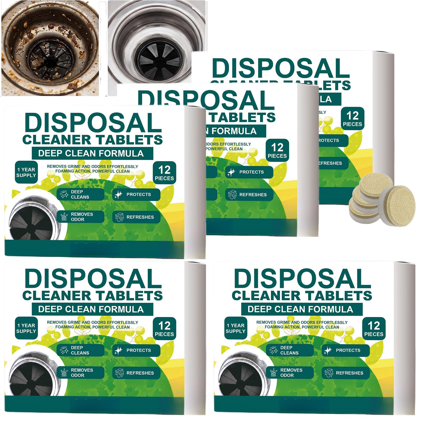 Compresse per lo smaltimento della pulizia profonda, detergente per lo smaltimento dei rifiuti e deodorante per lavello e scarico della cucina, compresse di agrumi schiumogeni per rimuovere (5pcs)