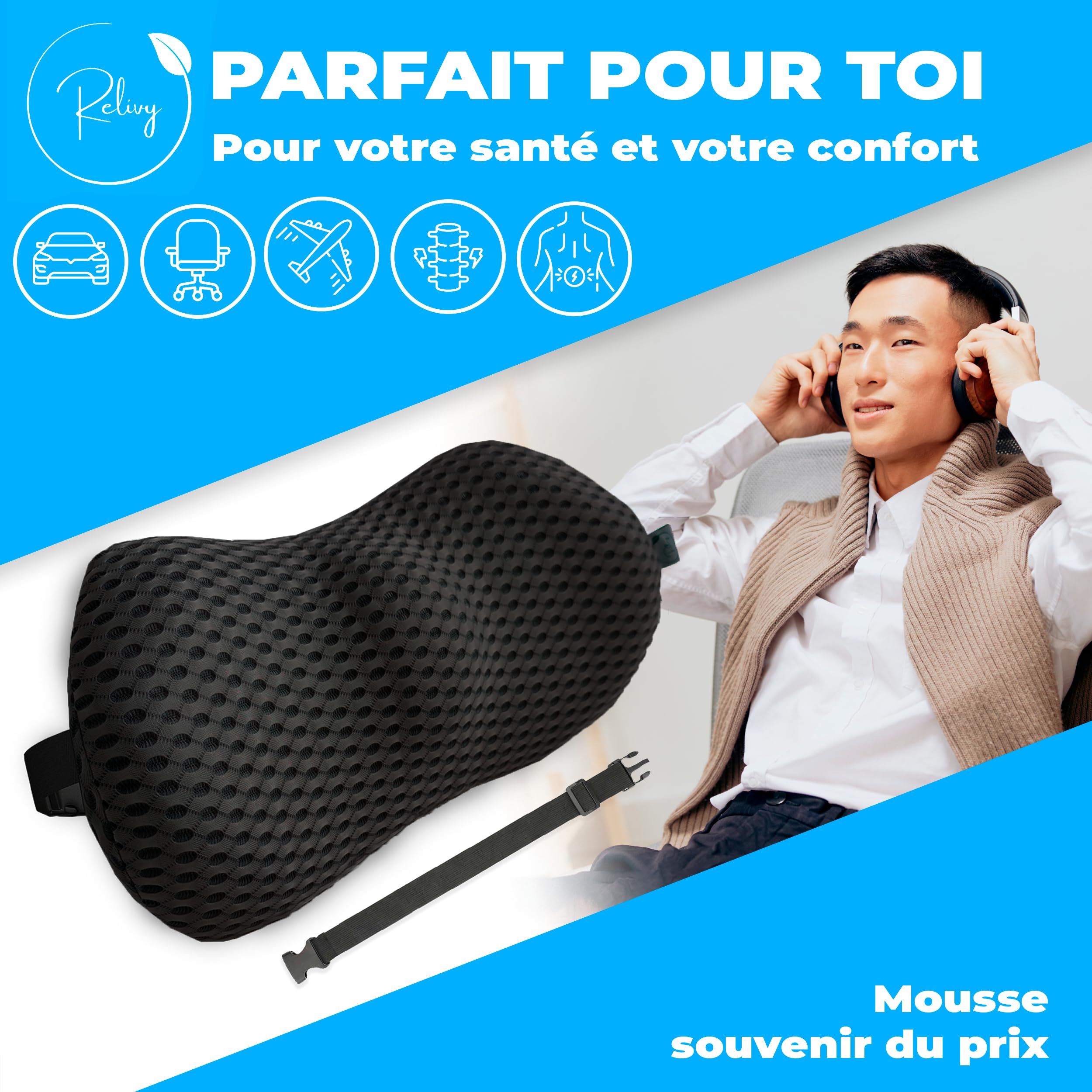 Coussin Lombaire Ergonomique Mémoire Forme - Pour Bureau, Voiture, Maison