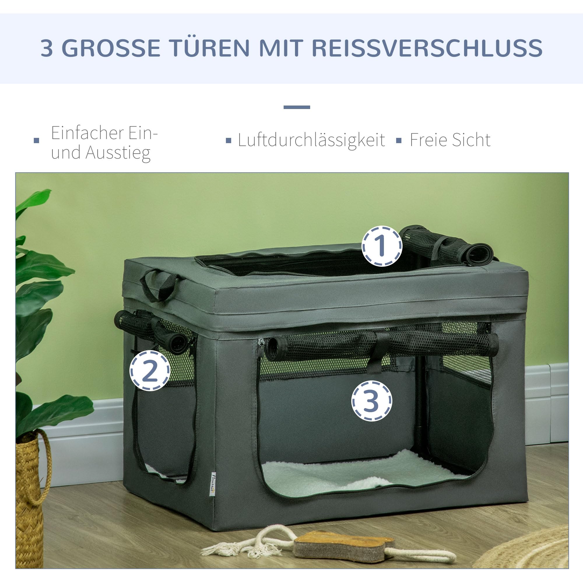 PawHut Hundetasche Hundebox mit Meshfenster, 60 x 42 x 42 cm Katzentransportbox mit Kissen, Griffen, Transportbox, Transporttasche für Hunde bis 4 kg, Oxford, Grau