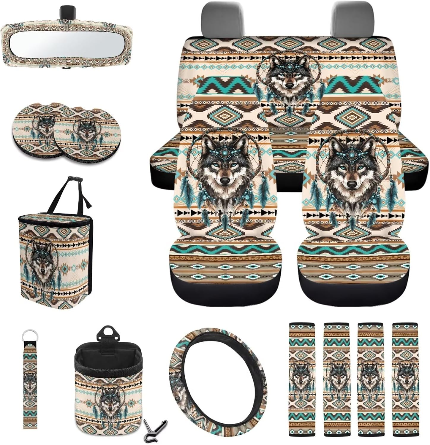Wanyint Aztec Wolf Dream Catcher 15 PCS Car Seat Cover Full Set with Steering Wheel Cover Seat Belt Strap Pads Cup Coasters Trash Bag Air Vent Storage Bag Rearview Mirror Cover Keychain Auto Decor