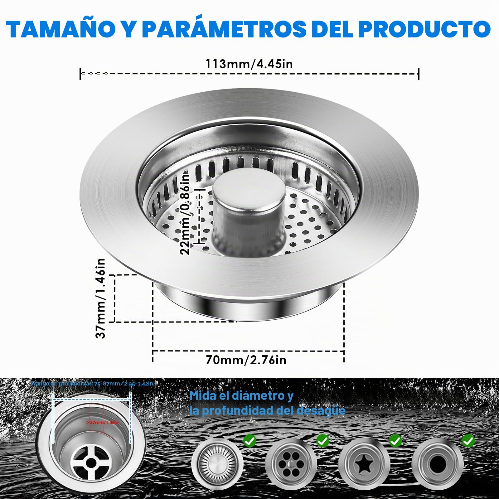 3 en 1 Tapon Fregadero Cocina de Acero Inoxidable, Tapón Fregadero Cesta Universal, Tapón Desague Fregaderos con Filtro, con Orificio de 75-86 mm