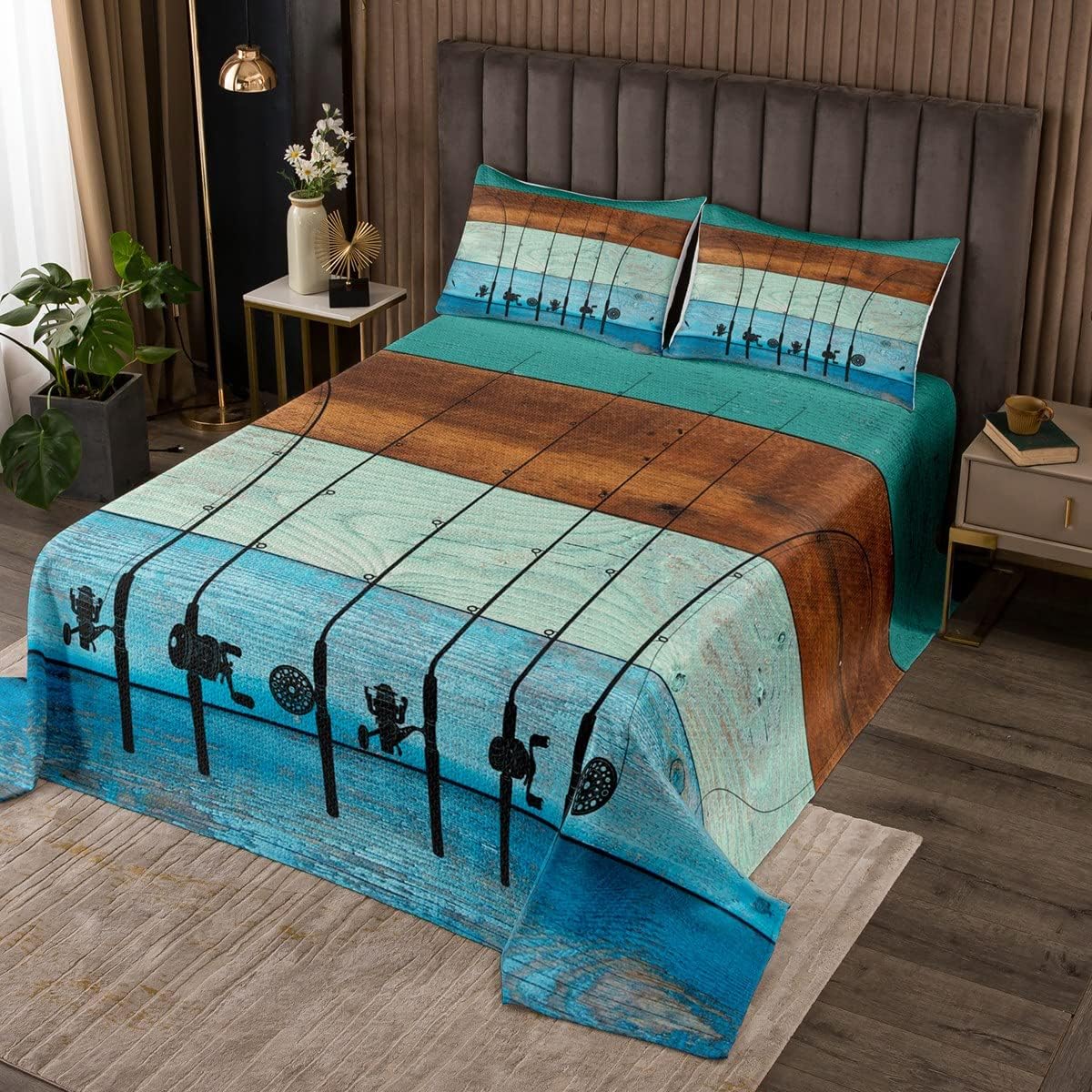 Ice Fishing Rod Quilt Set Go Fishing Bedspread Set Fishing Gifts for Men,Fish Coverlet Set Rustic Wooden Plank Bedding Set King,Fishing Hooks Fishing Game Room Decor Gift for Fisherman,Grunge Teal