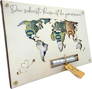 Geldgeschenk Weltkarte Hochzeit | Hochzeitsgeschenk für Brautpaar | Paargeschenk | Hochzeits-Geldgeschenk | Hochzeitskarte aus Holz | Flitterwochen-Geschenk | Personalisierbar im Reagenzglas