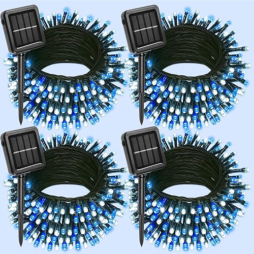Miniatura 9 de Paquete de 4 luces solares rojas y blancas de Navidad para exteriores, impermeables, 400 luces LED de 132 pies, luces solares de hadas de alambre
