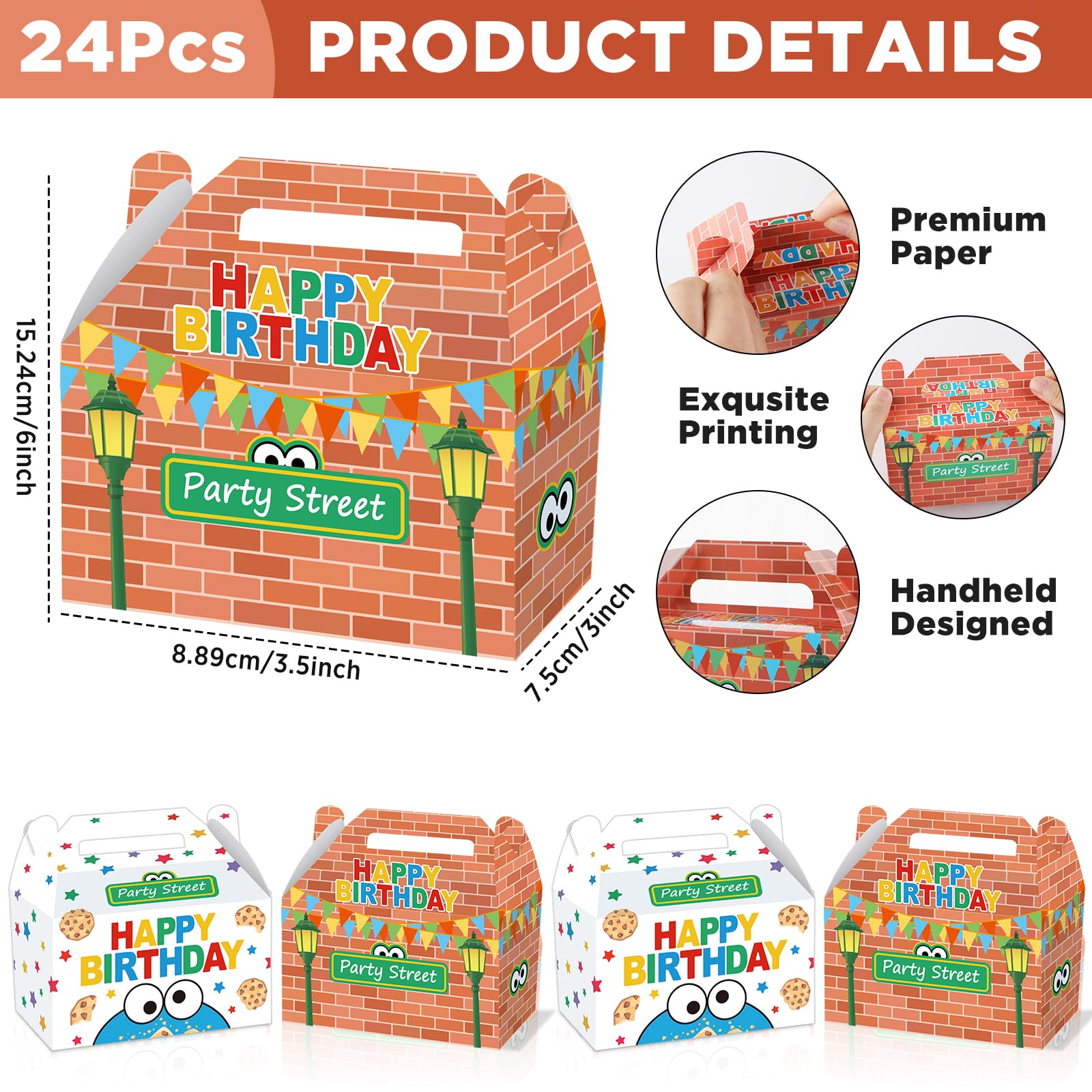 Condition photo showing New/Like New for 24 Pcs Street Theme Birthday Party Supplies Street Red Brick Wall Goodie Gift Boxes Cookie Theme Cartoon Friends Party Treat Boxes for Kid Boys Girls Green Monster Birthday Baby Shower Decoration